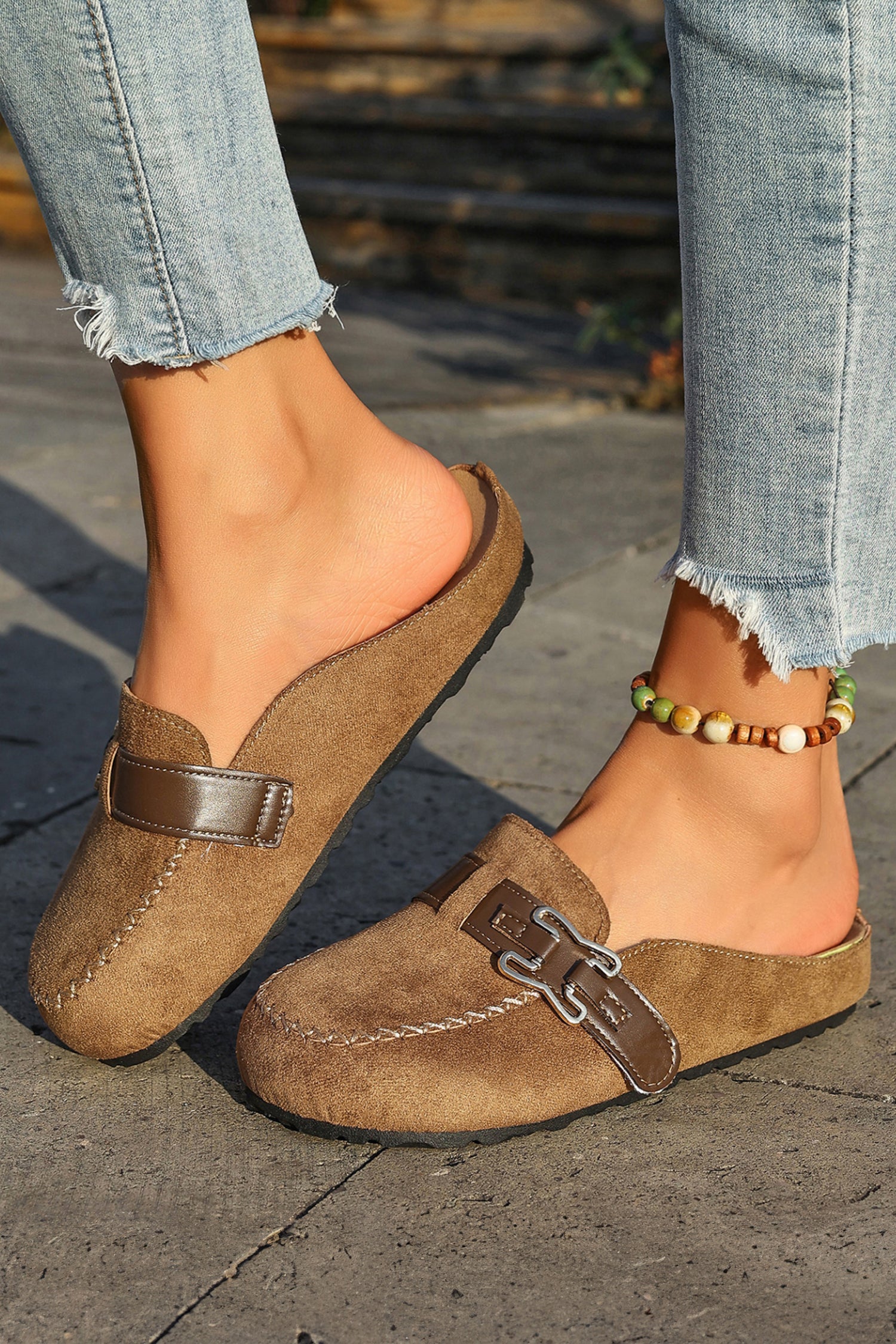 Camel Faux Suede Cute Buckle PU Leather Strap Mule Slippers