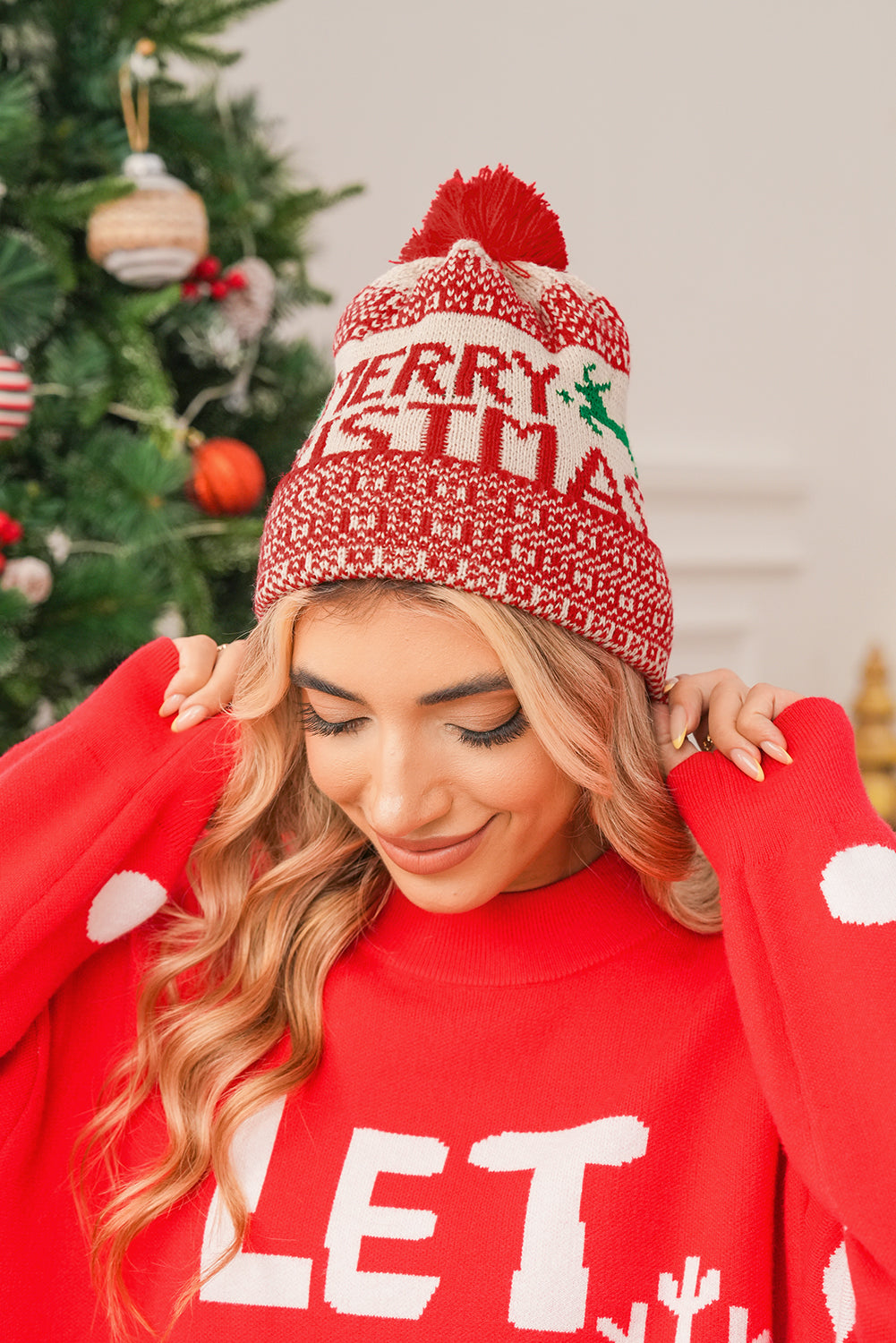 Fiery Red MERRY CHRISTMAS Winter Beanie Hat