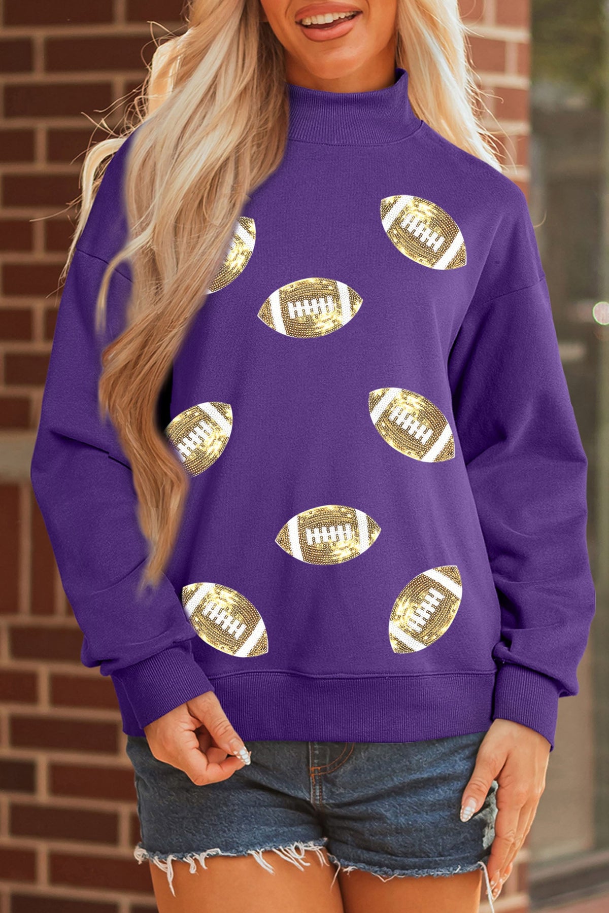Tillandsia Purple Game Day Sequin Rugby Pattern Mock Neck Baggy Sweatshirt