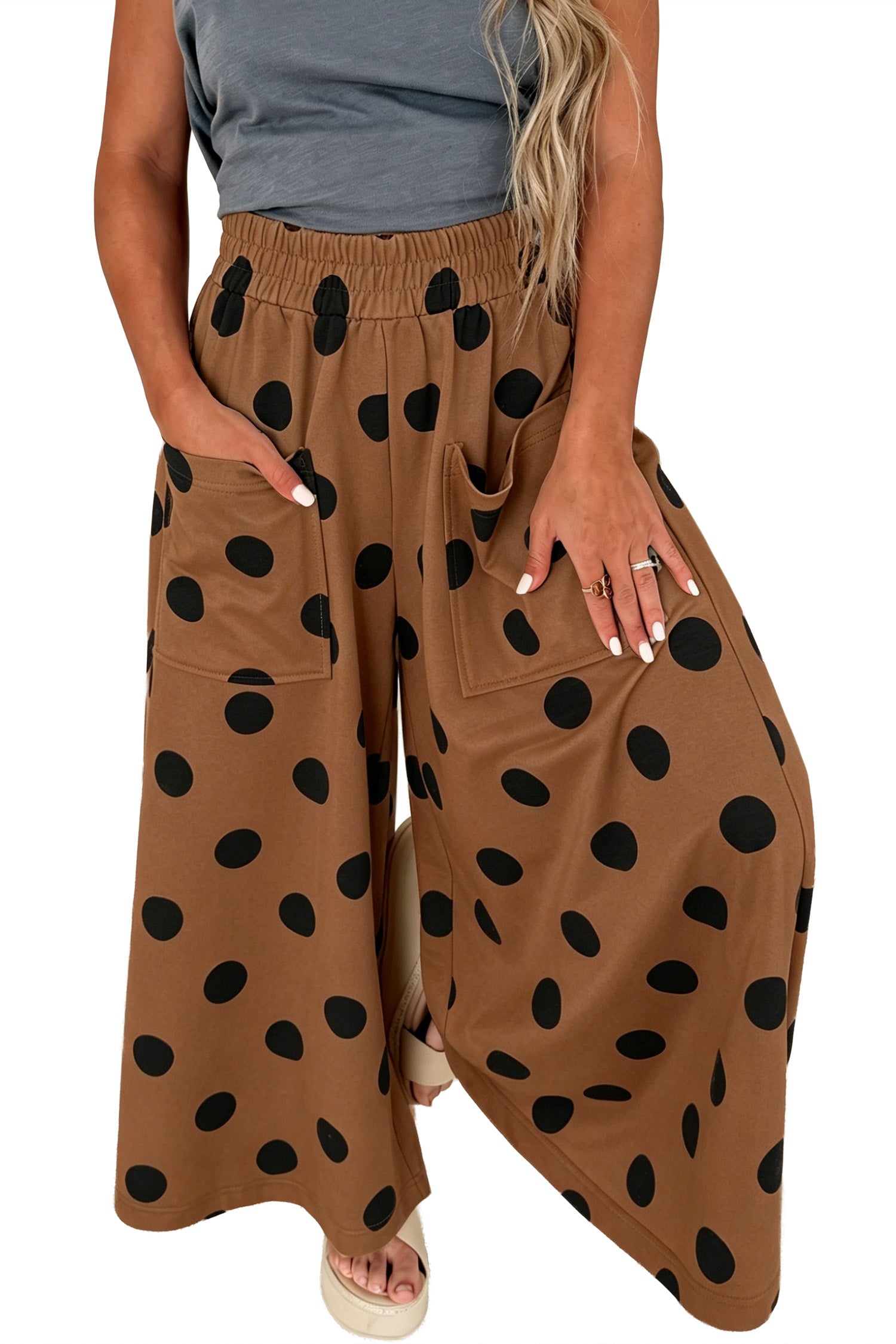 Brown Polka Dot Wide Leg Elastic Waist Casual Pants