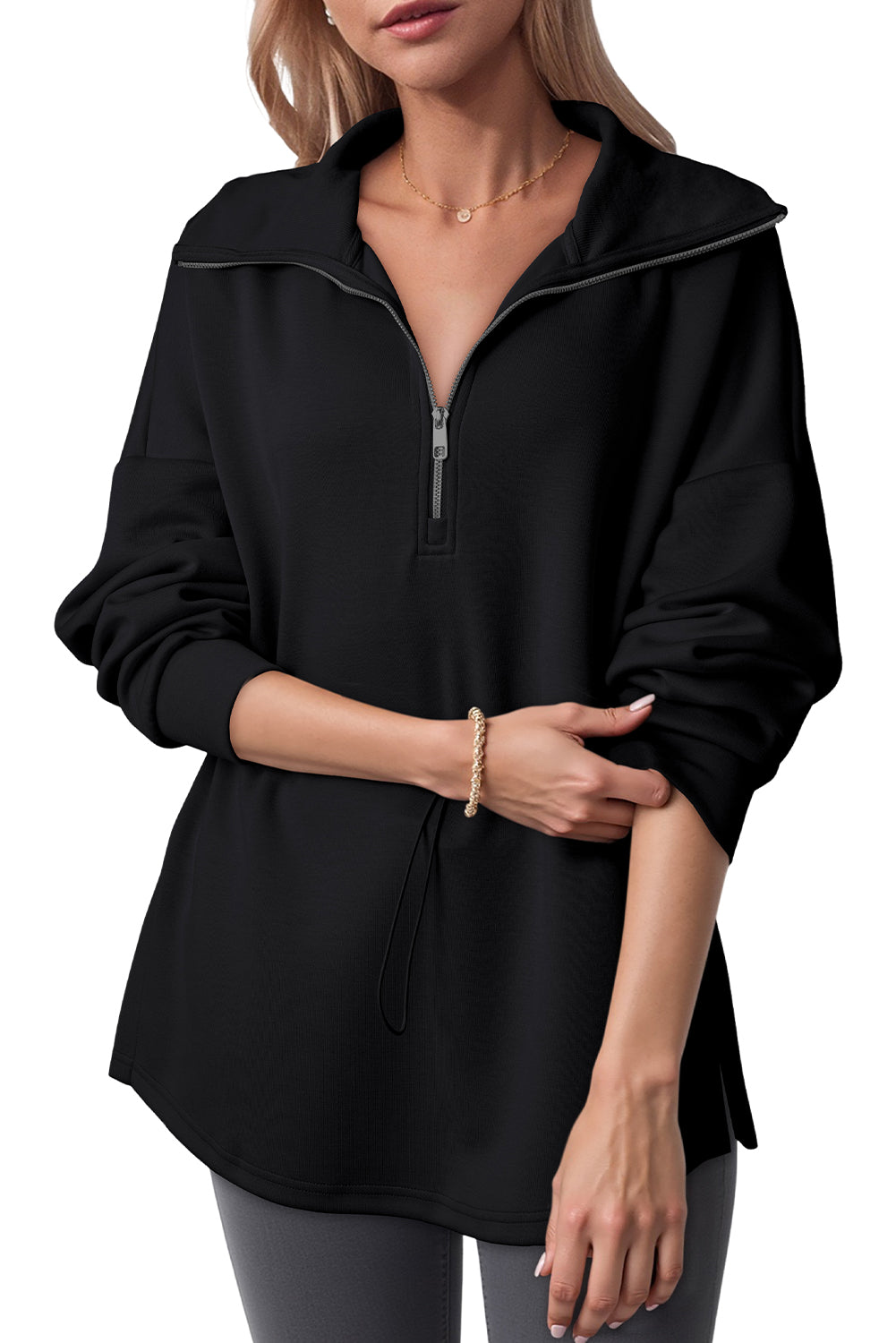 Black Half Zip Large Collar Drawstring Waist Pullover Sweatshirt