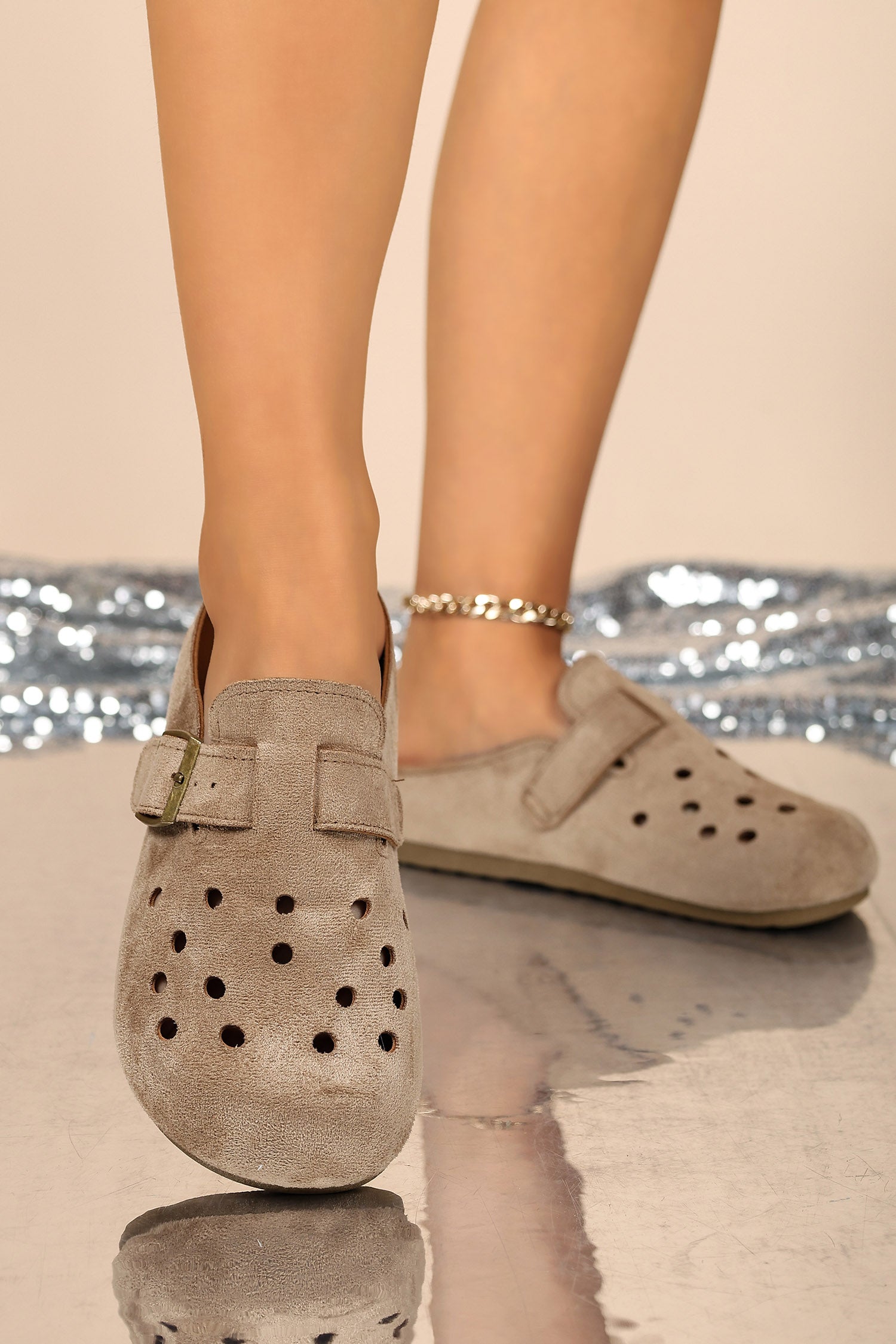Light French Beige Faux Suede Retro Buckle Hollow Out Casual Mules Slippers