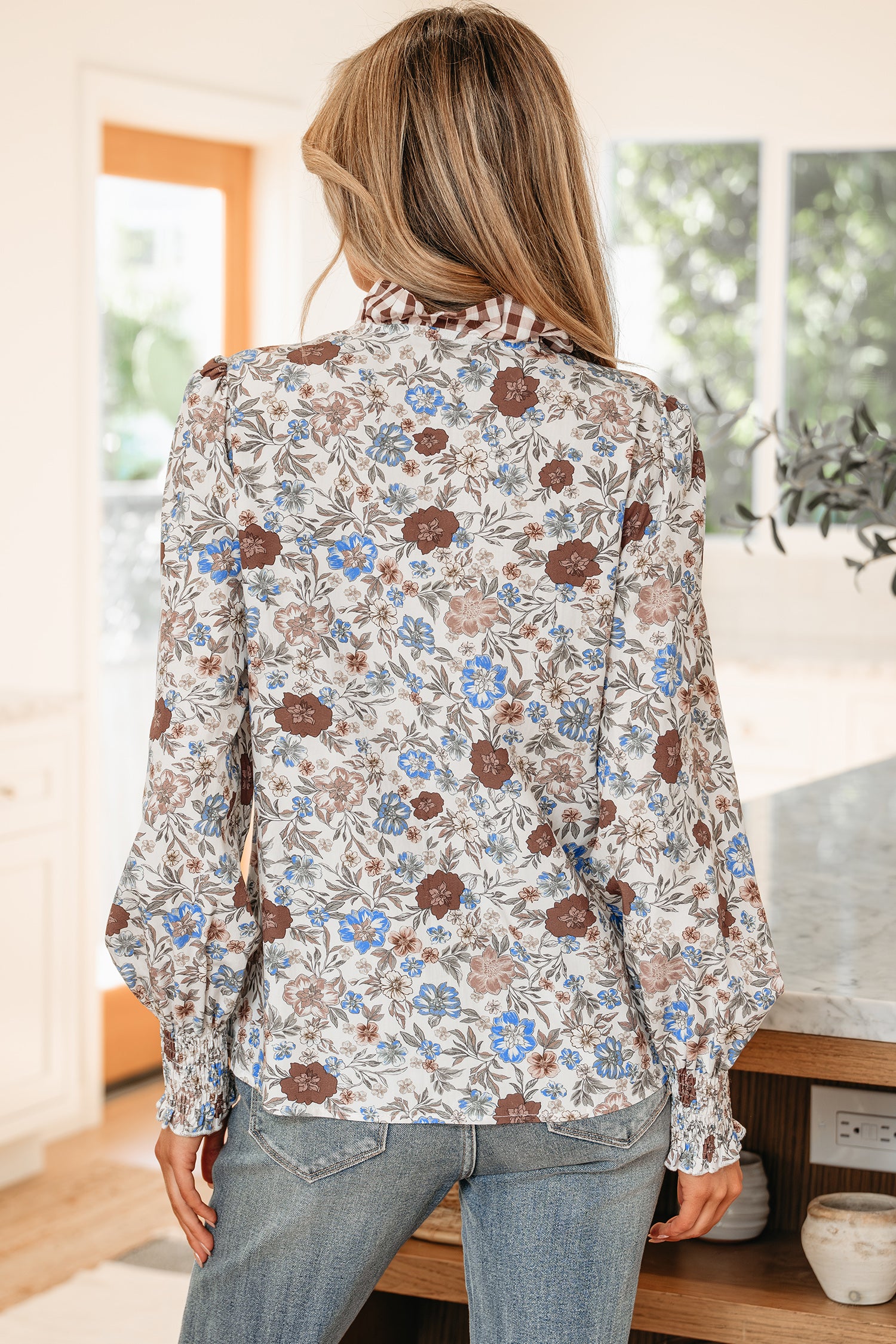 Brown Plaid Frilled Trim V Neck Floral Long Sleeve Blouse