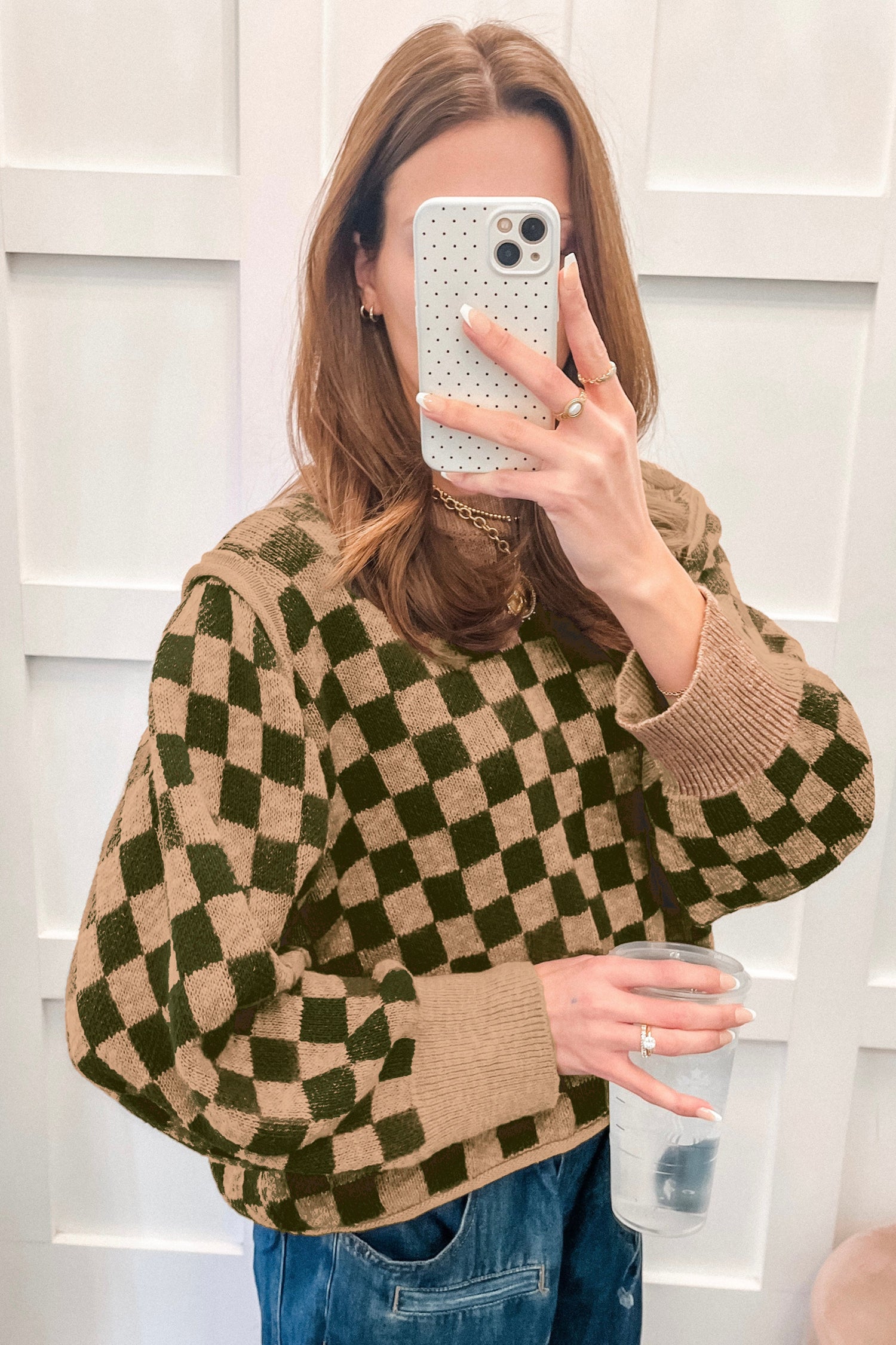 Multicolour Drop Shoulder Plaid Knit Long Sleeve Sweater