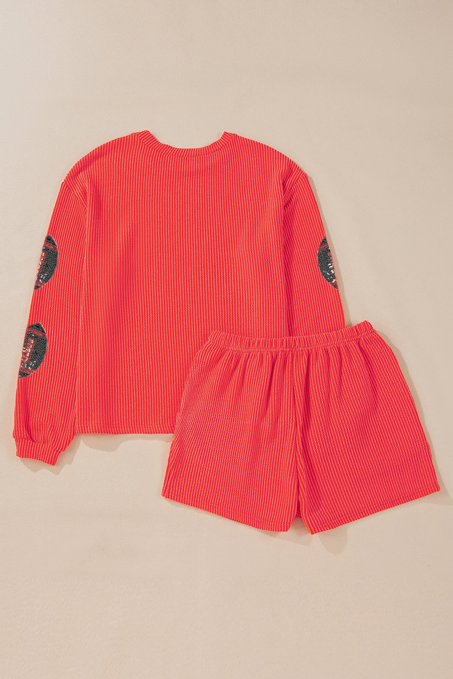 Gold Flame Twisted Rib Sequined Rugby Pattern Long Sleeve Top Relaxed Short Set