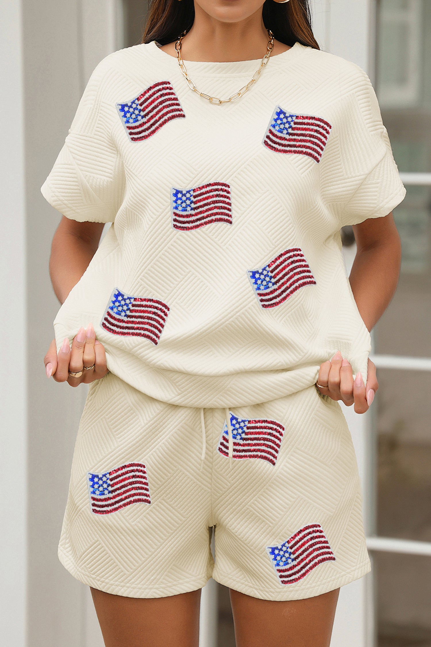 Apricot Quilted Texture Sequin Flag Patched Short 2pcs Outfit