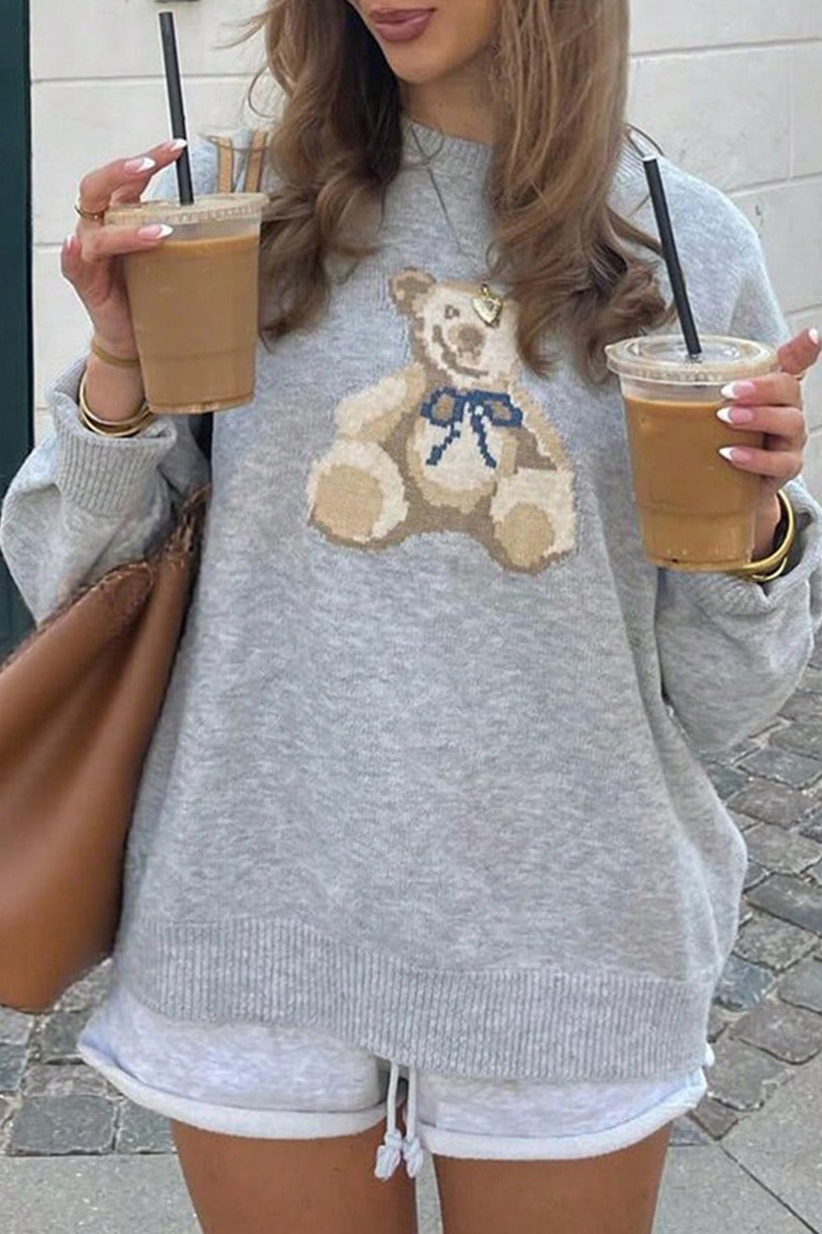Light Grey Casual Teddy Bear Print Dropped Shoulder Relaxed Pullover Sweater