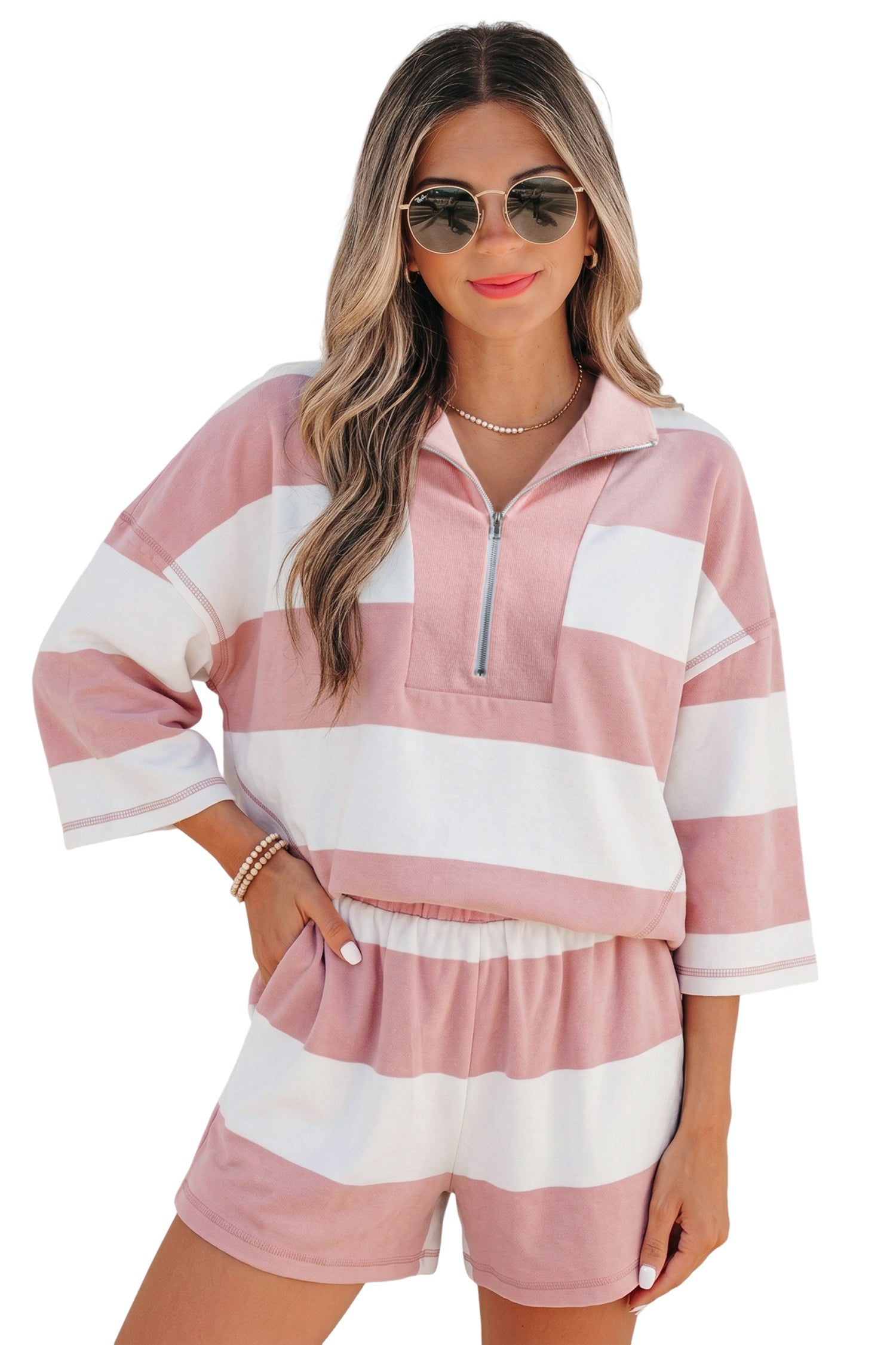 Pink Stripe Half Zip Bracelet Sleeve Top Casual Short Set