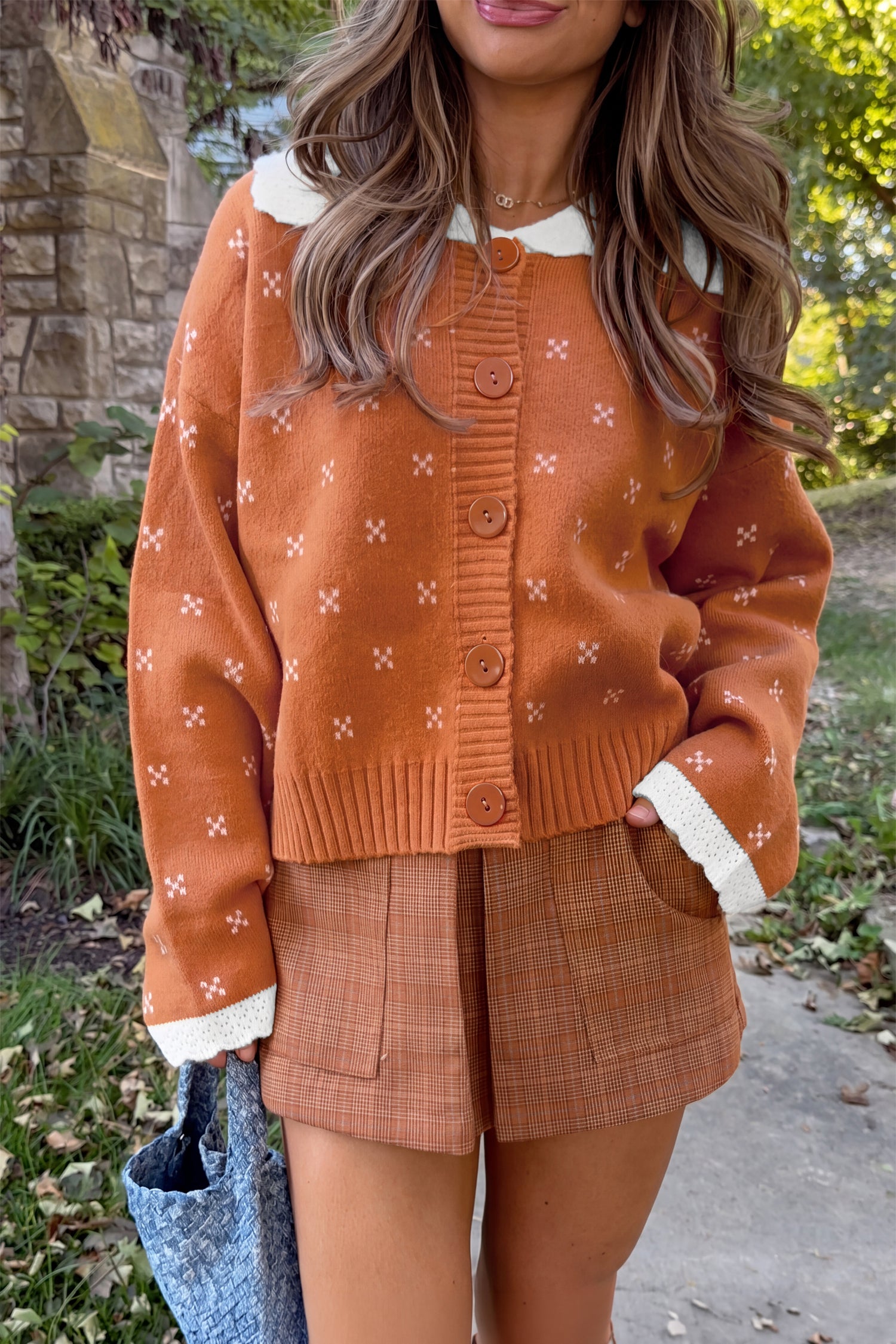 Russet Orange Peter Pan Collar Colorblock Long Sleeve Knitwear Cardigan