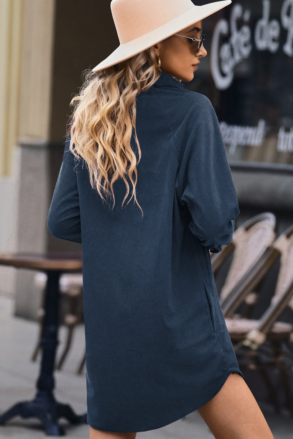 Blue Corduroy Shirt Style Full Button Long Sleeve Shift Mini Dress