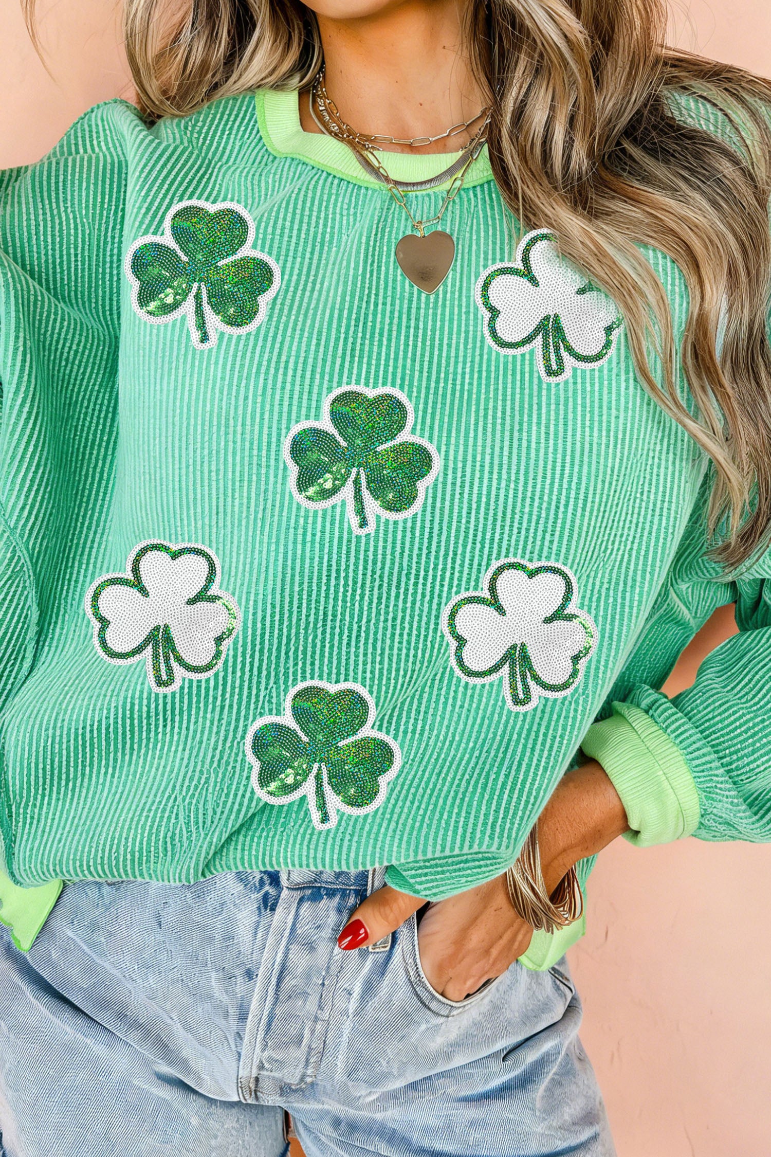 Bright Green Twisted Rib Sequin Clover Patched Color Block Detail Loose Pullover Top