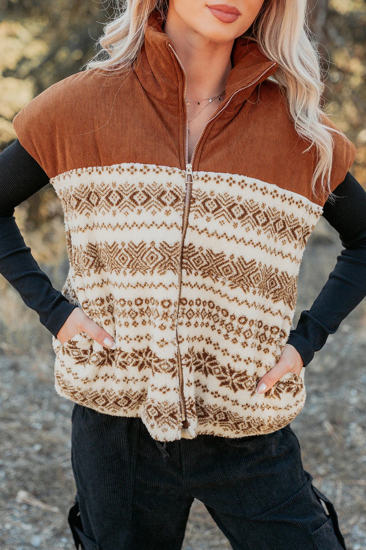 Brown Geometric Print Fleece Metal Zipper Collar Patchwork Design Vest