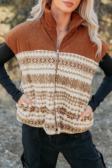 Brown Geometric Print Fleece Metal Zipper Collar Patchwork Design Vest