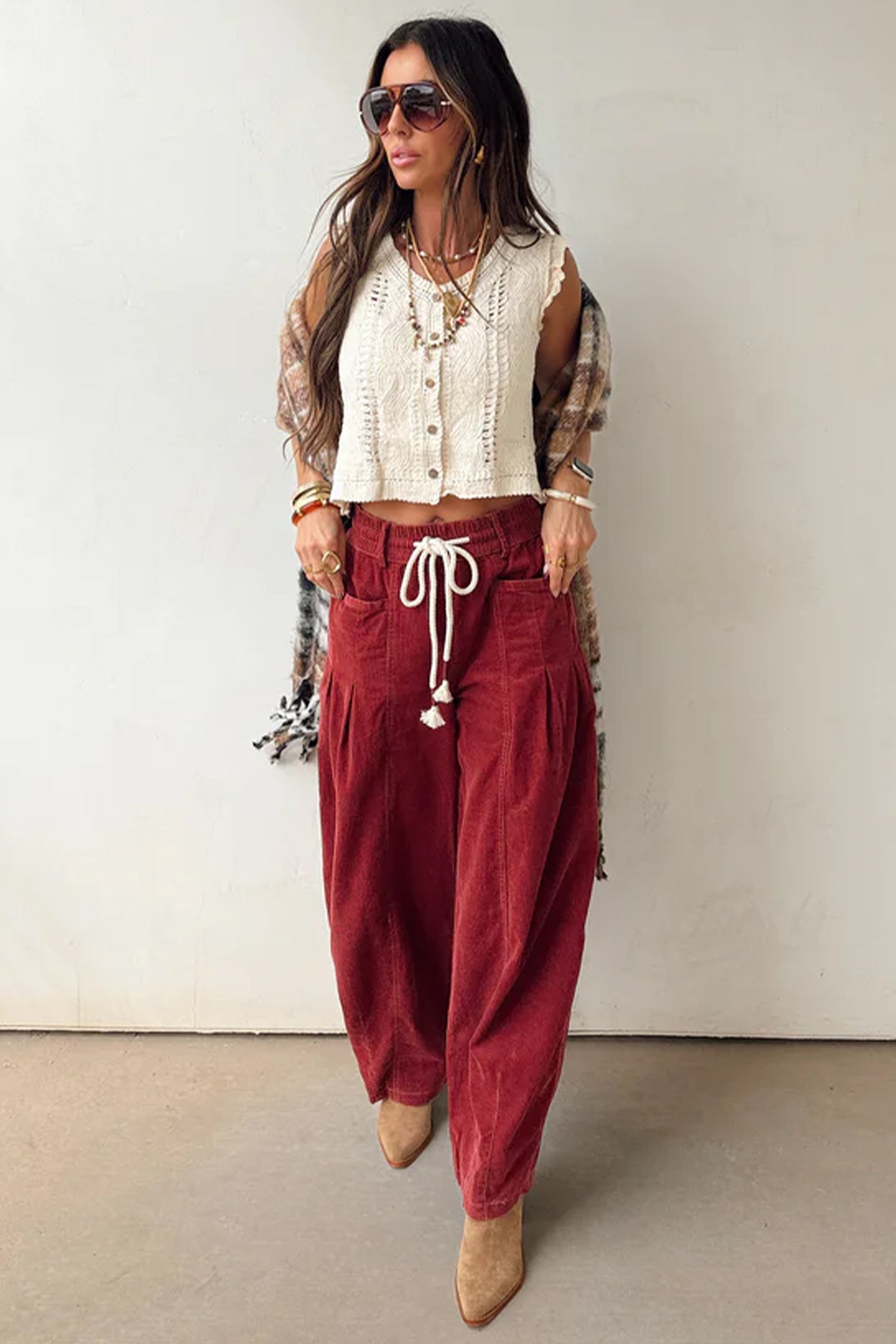 Racing Red Elastic Waist Drawstring Corduroy Casual Pants