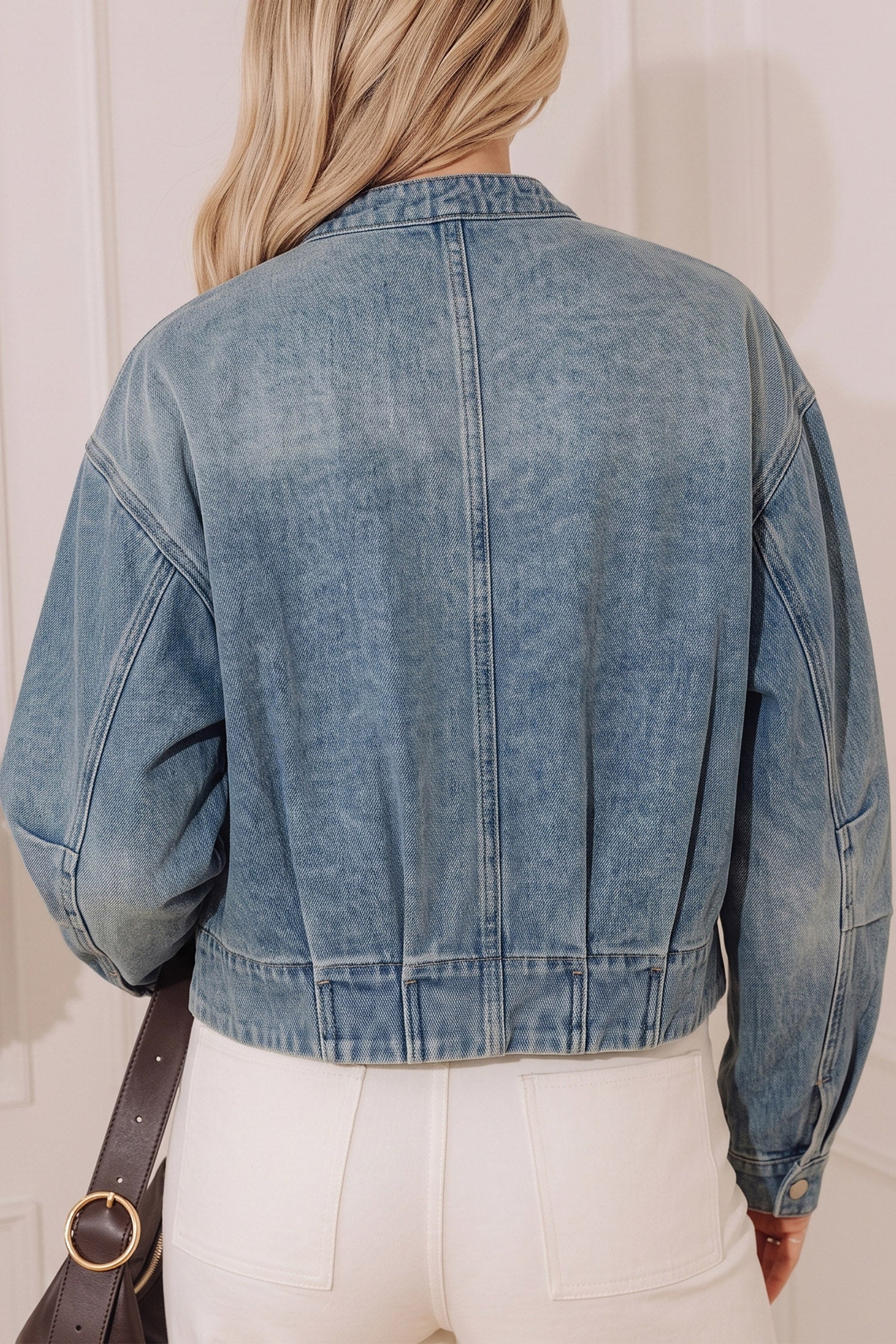 Beau Blue Vintage Wash Zip Up Button Tab Round Neck Denim Jacket