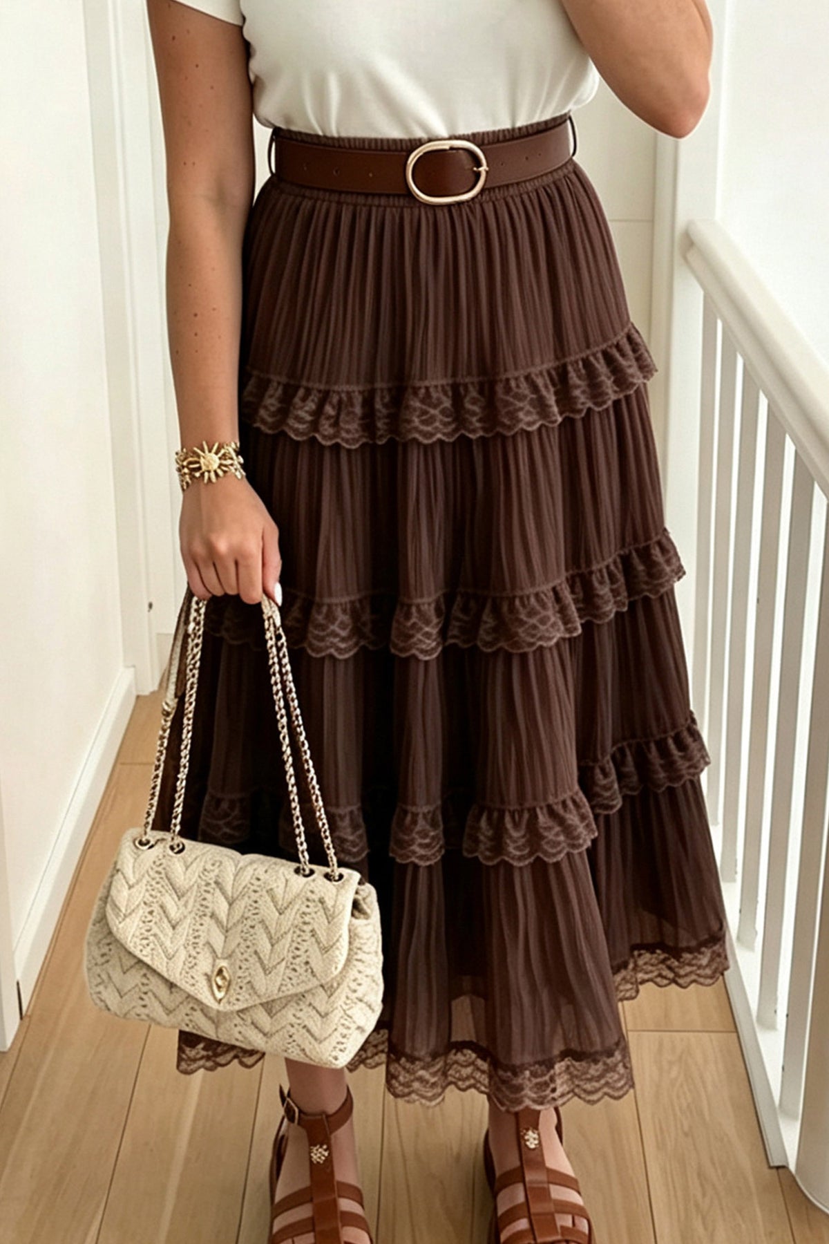Dark Brown Pleated Tiered Lace Trim Maxi Skirt