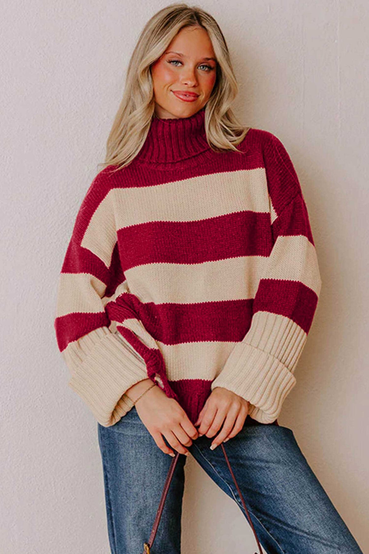 Red Stripe Ribbed Trim High Neck Relaxed Pullover Sweater