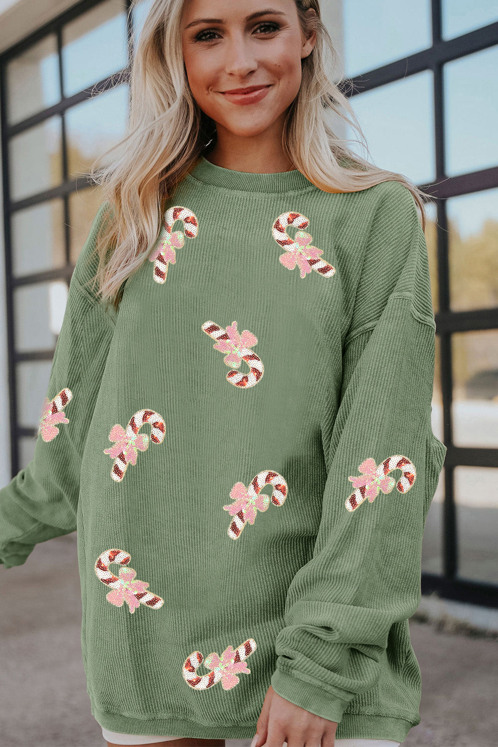 Grass Green Christmas Sequin Candy Cane Patched Corded Ribbed Baggy Sweatshirt