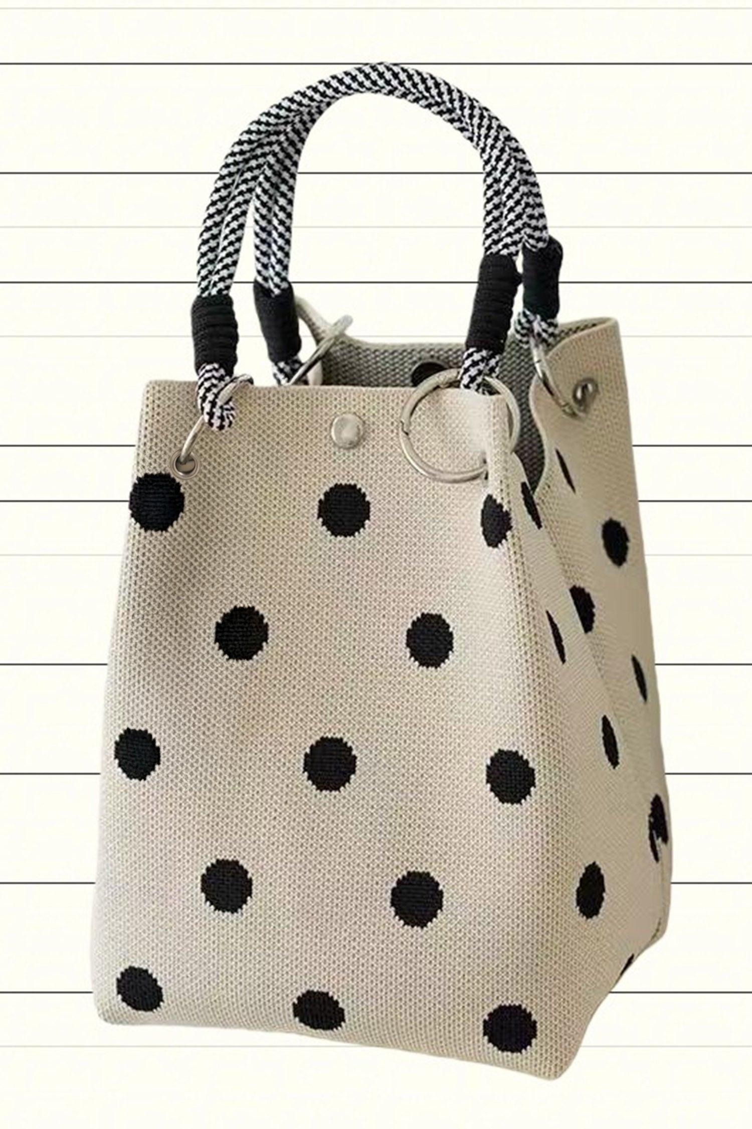 White Polka Dot Print Rope Handle Tote Bag