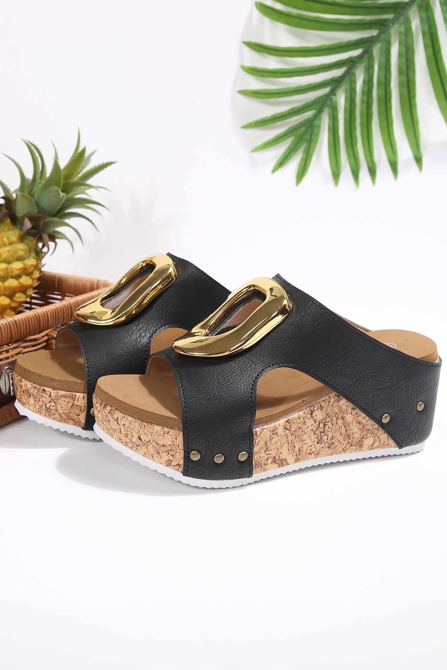 Color black Retro Suede Cutout Gold Buckle Detail Platform Wedge Slippers