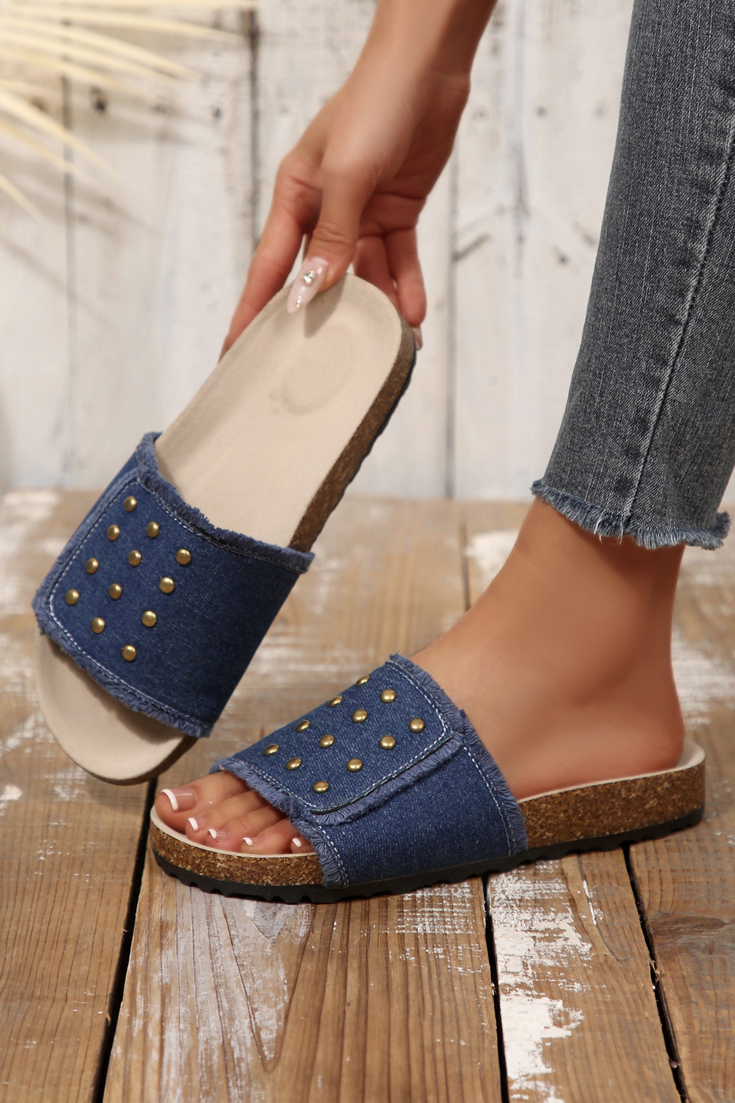 Sail Blue Frayed Denim Wide Band Retro Studded Detail Womens Slippers