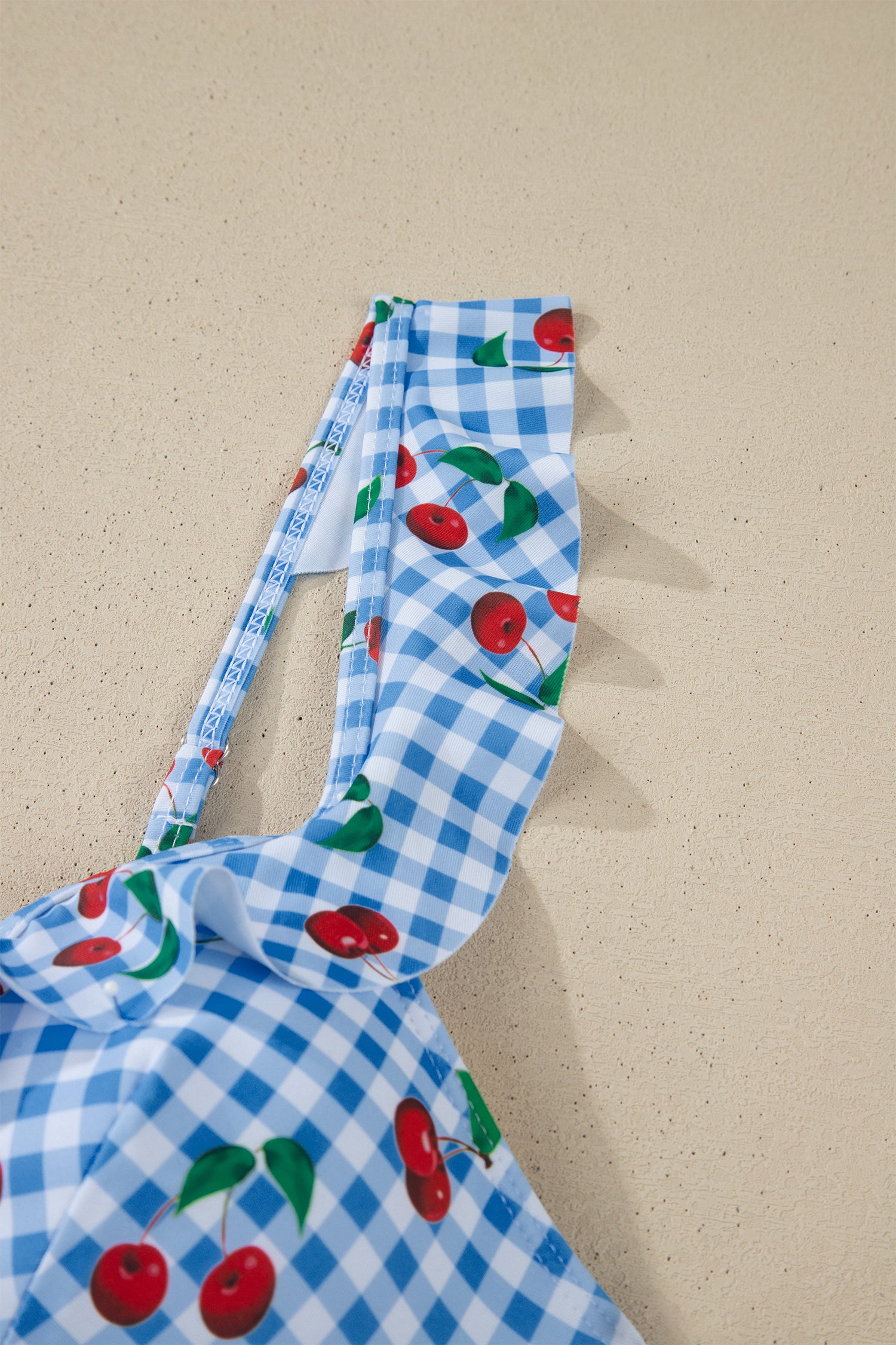 Sky Blue Plaid Cherry Print Ruffle Trim Tie Front Cutout High Waist Monokini