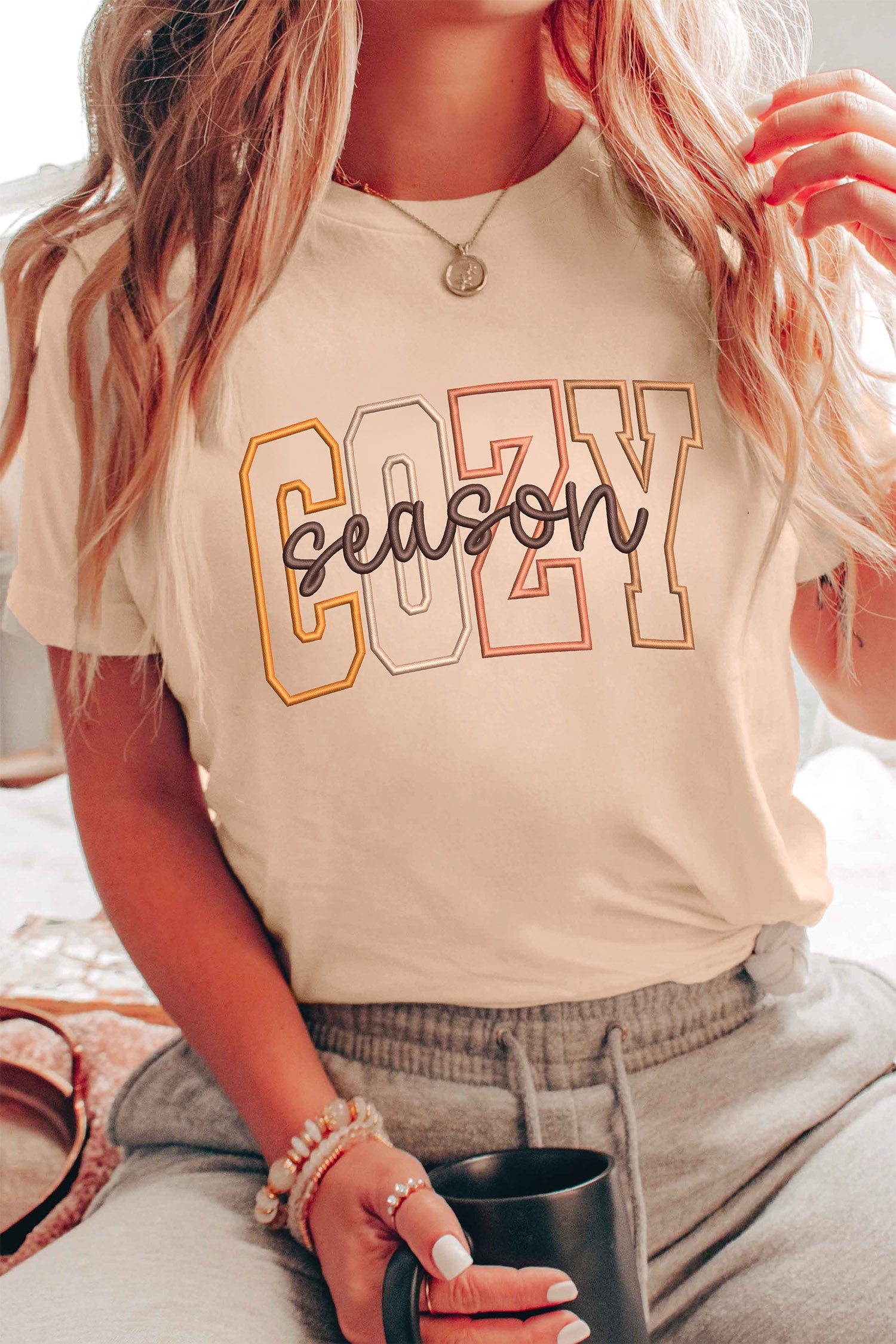 Khaki Embroidered Slogan Short Sleeve Graphic Tee