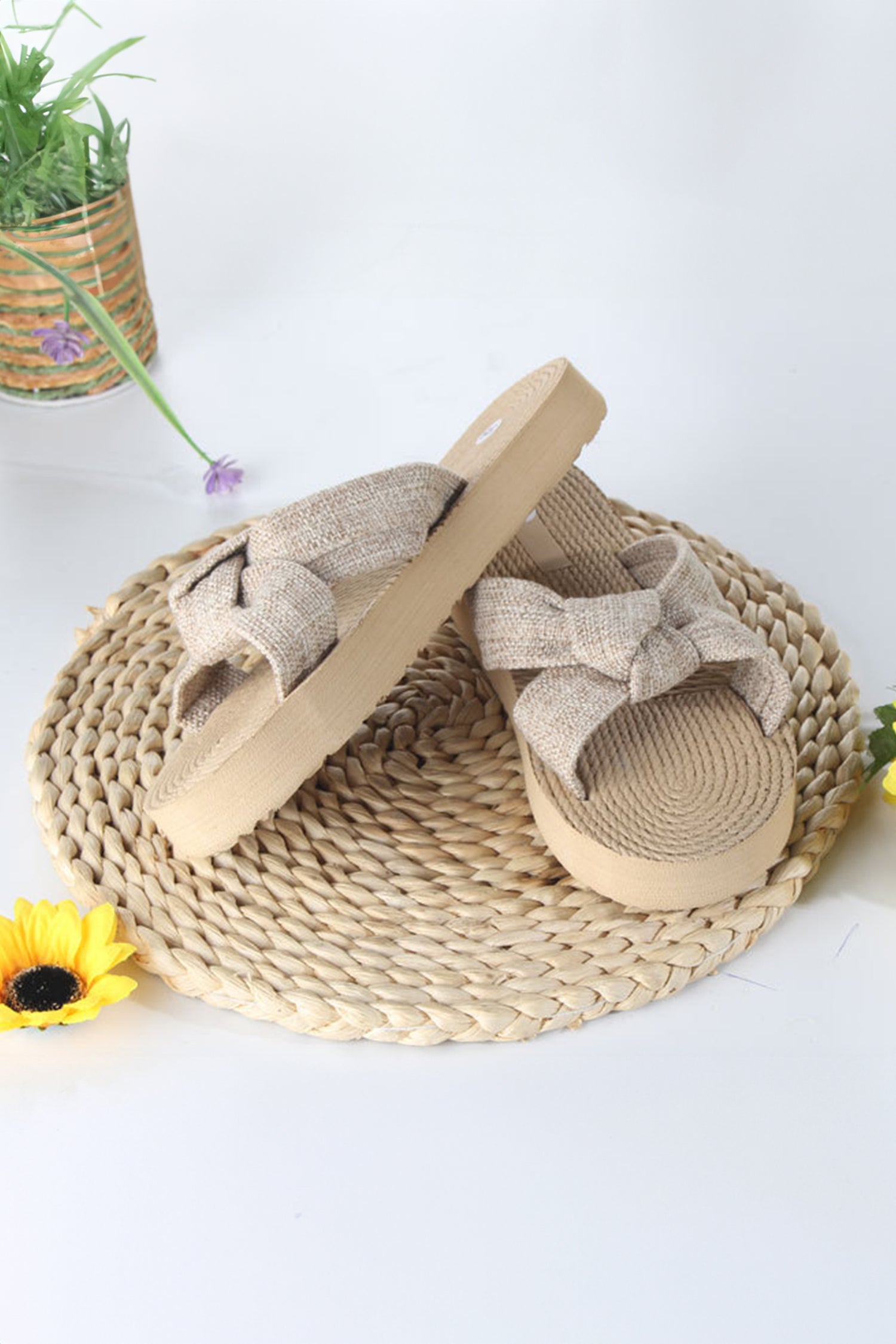 Parchment Boho Linen Bow Raffia Woven Light PVC Slippers