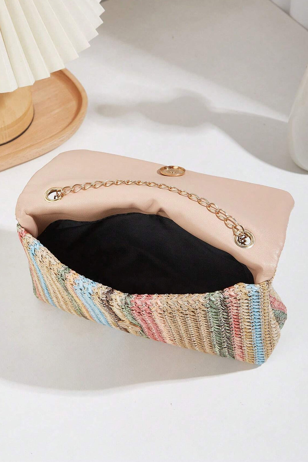 Apricot Straw Plaited Gold Chain Clasp Closure Single Shoulder Bag