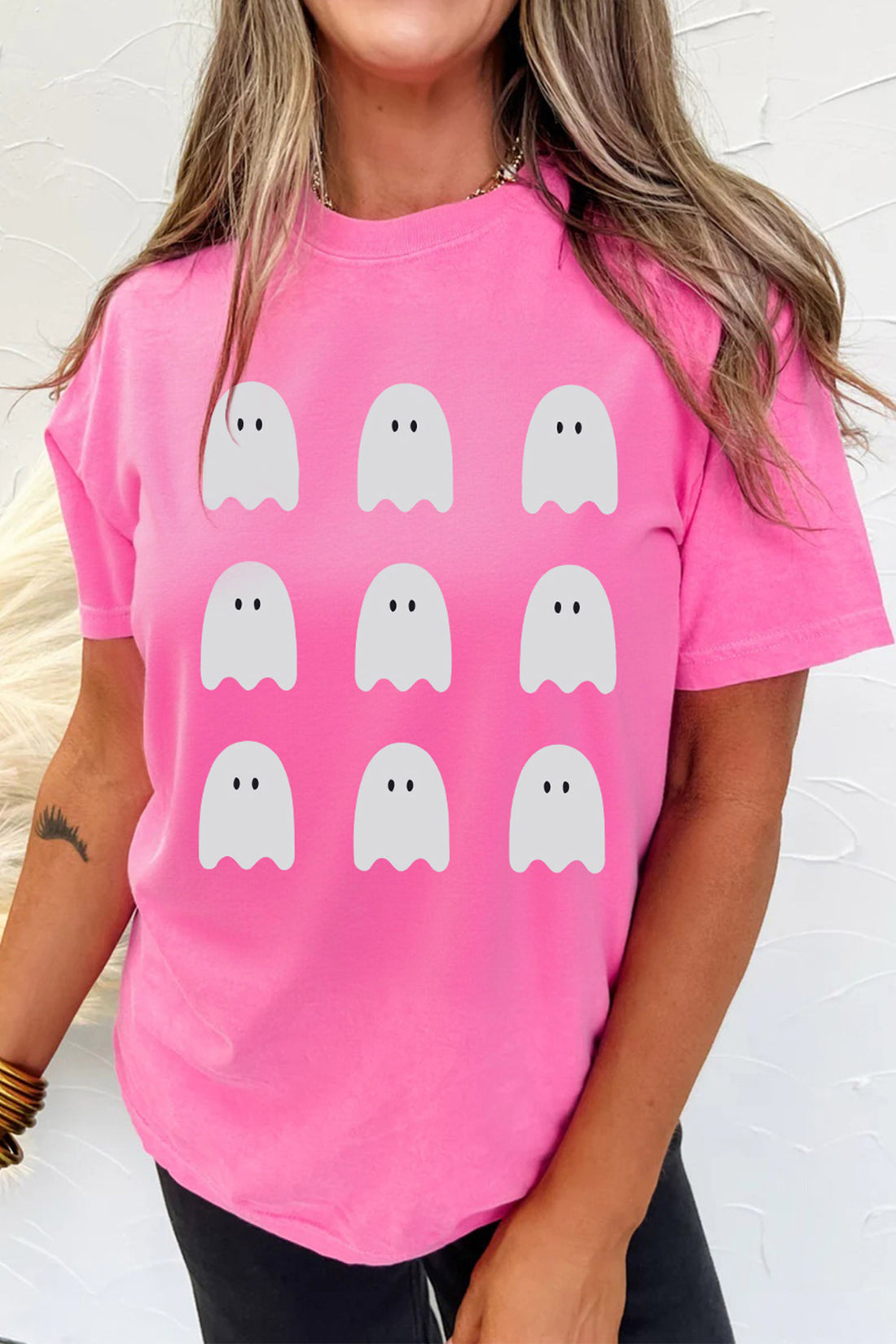 Sachet Pink Ghost Print Round Neck Halloween Graphic Tee