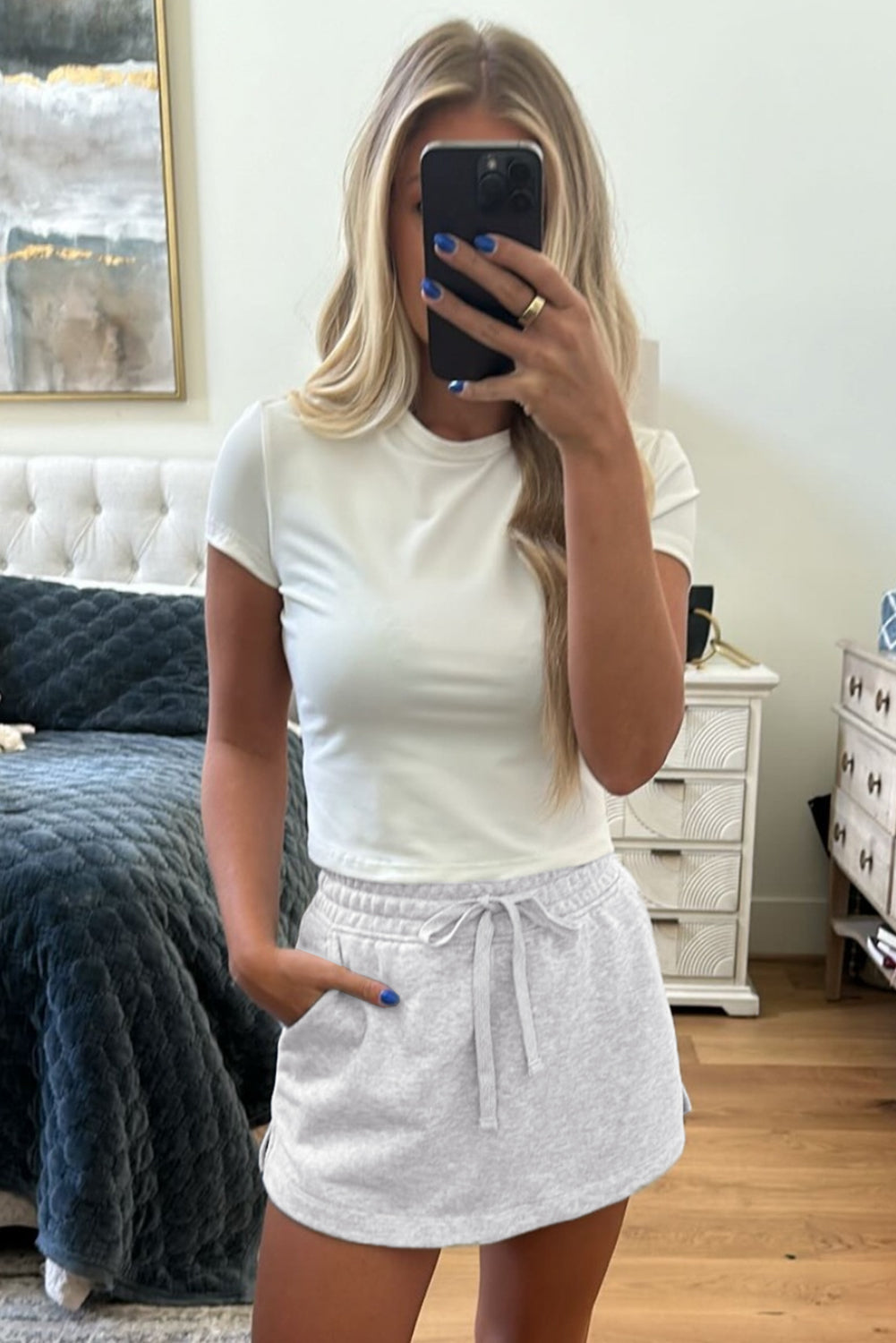 Light Grey French Terry Drawstring Elastic Waistband Mini Skort with Pockets