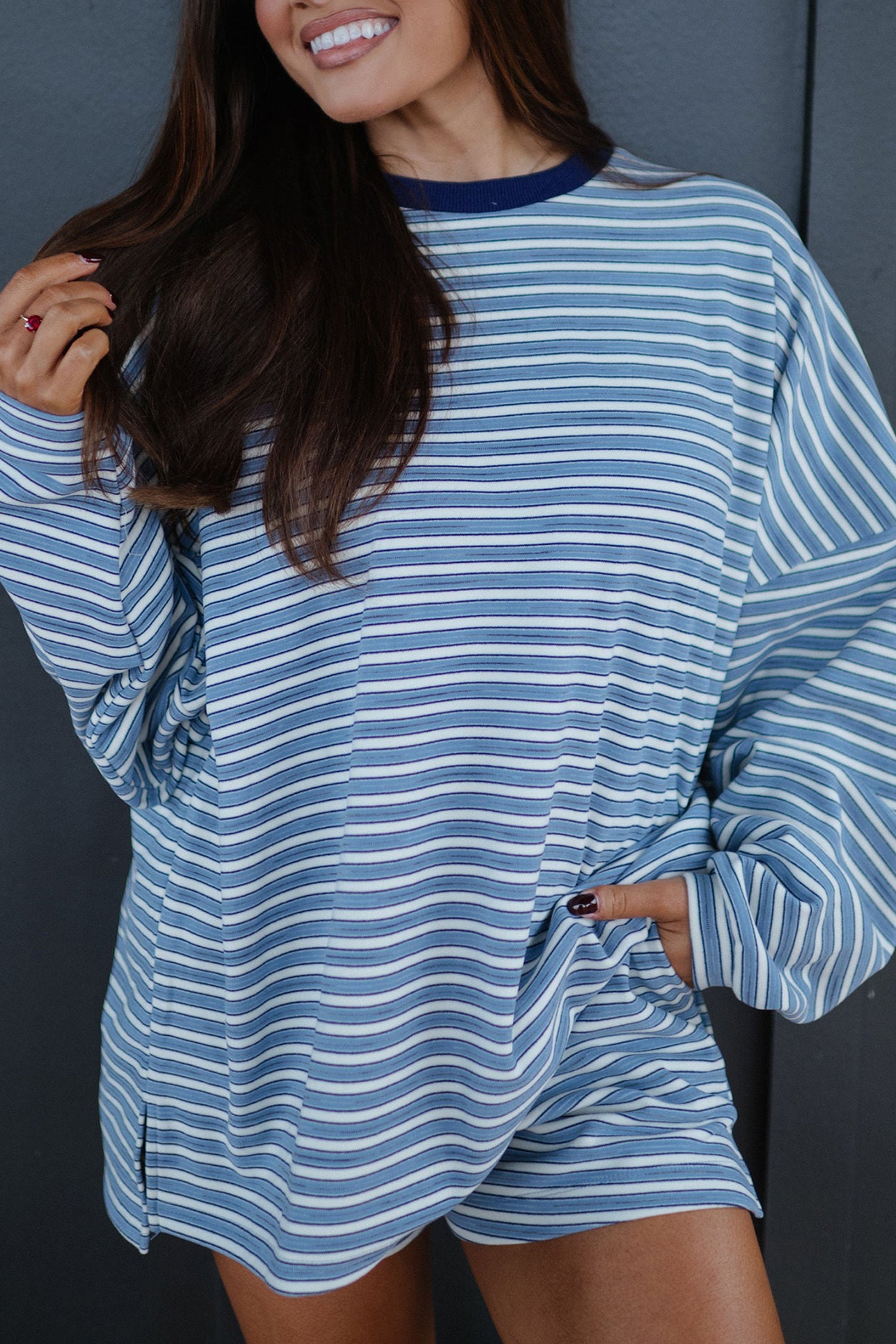Sky Blue Stripe Long Sleeve Oversized Top Pocketed Casual Shorts Two Piece Set