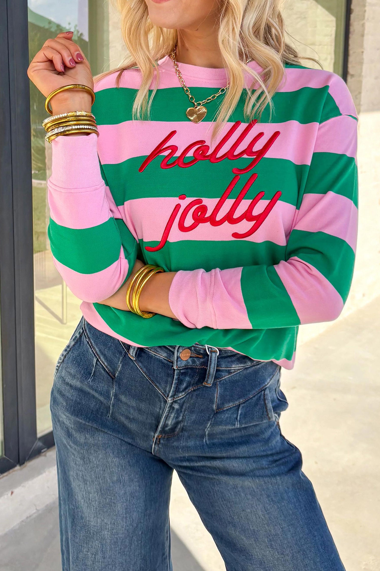 Green Stripe holly jolly Letter Embroidered Pullover Sweatshirt
