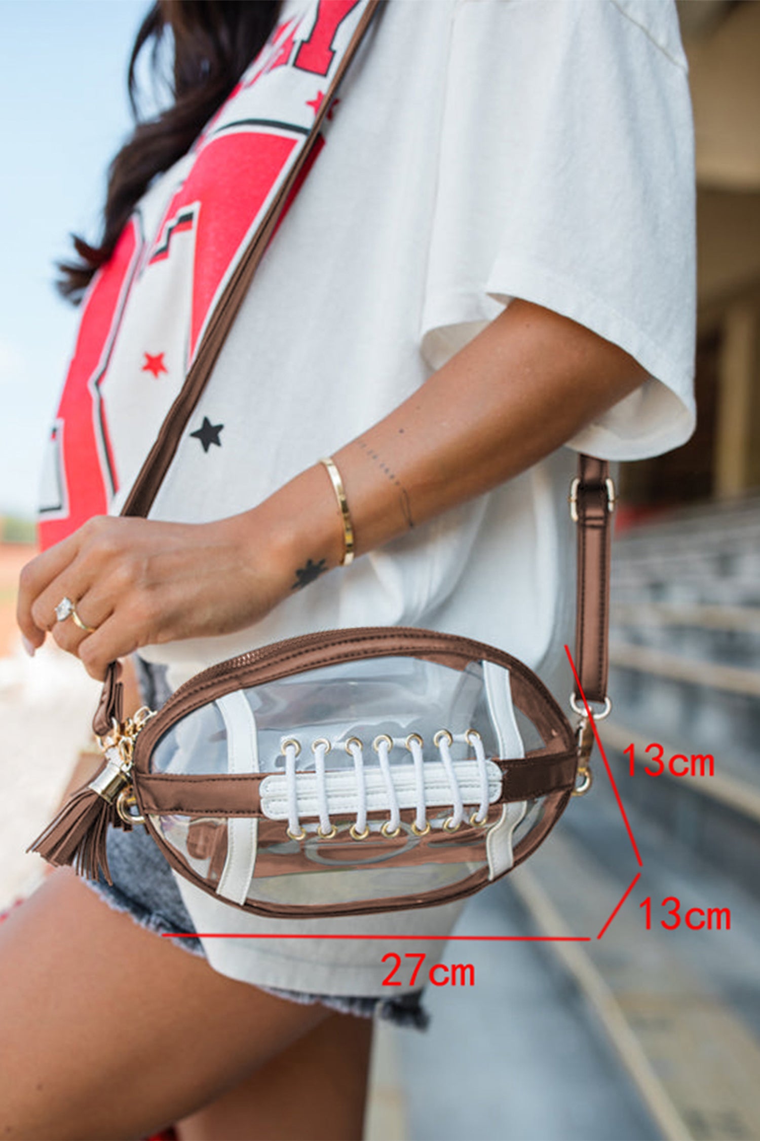 Coffee Rugby Football Contrast Trim Fringe PVC Clear Shoulder Bag