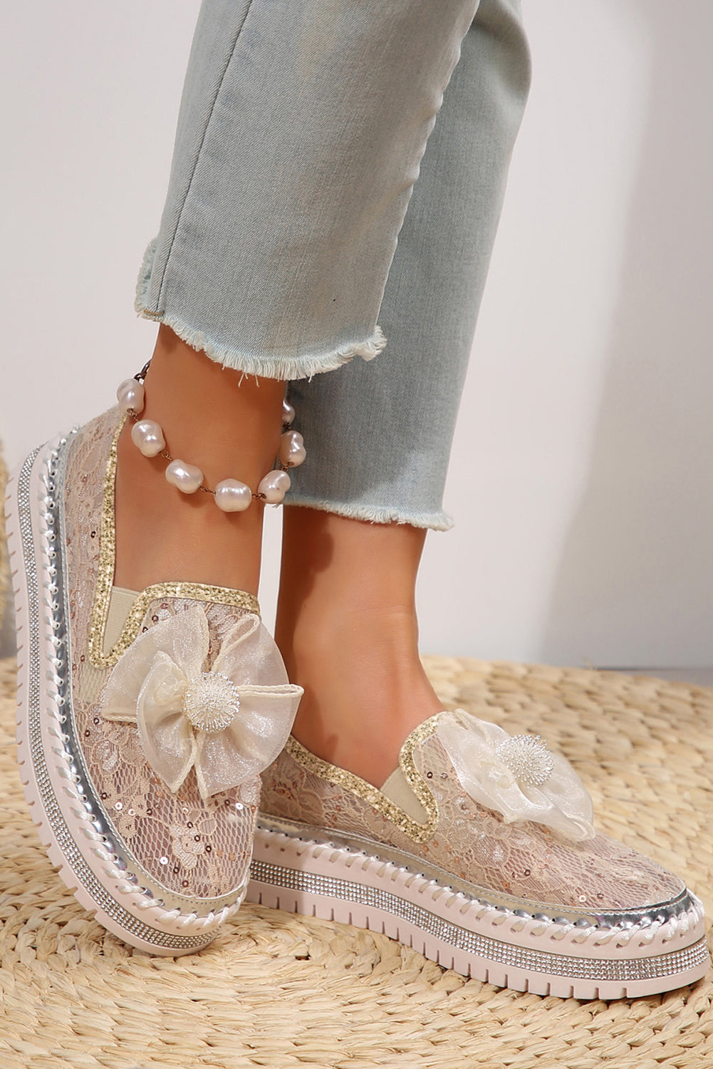 White Glossy Bow Decor Breathable Lace Loafer Shoes