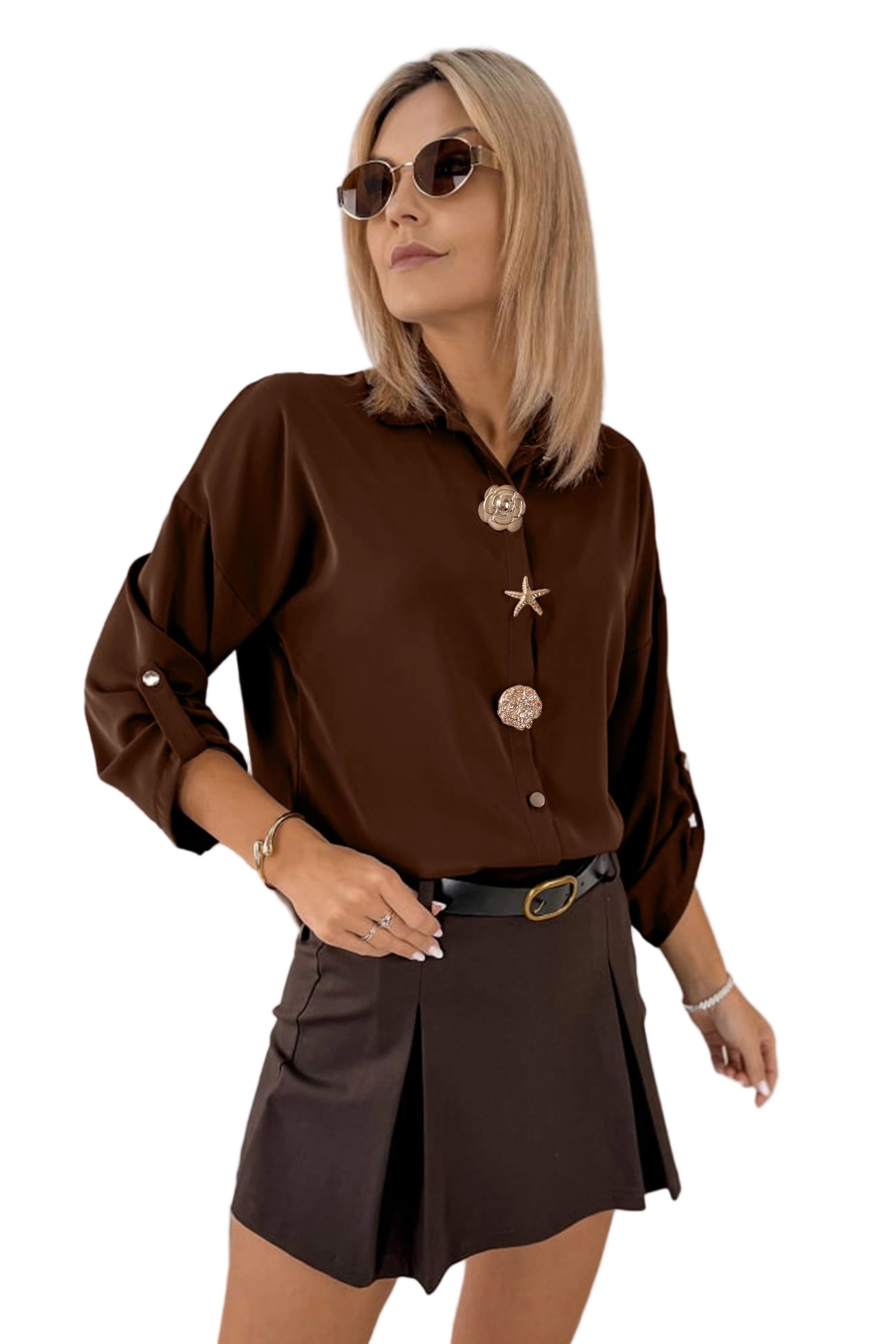 Coffee Multi Button Decoration Tab Long Sleeve Casual Shirt