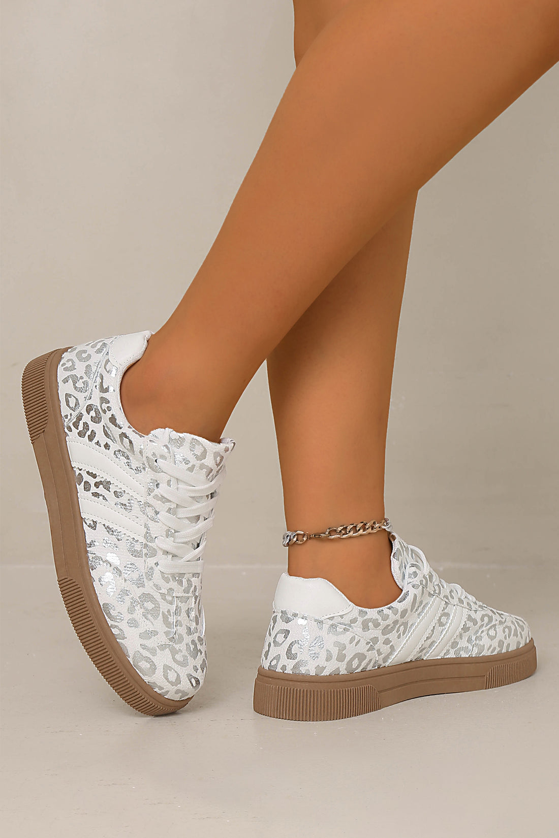 Silvery Metallic Leopard Print Lace Up Flat Shoes