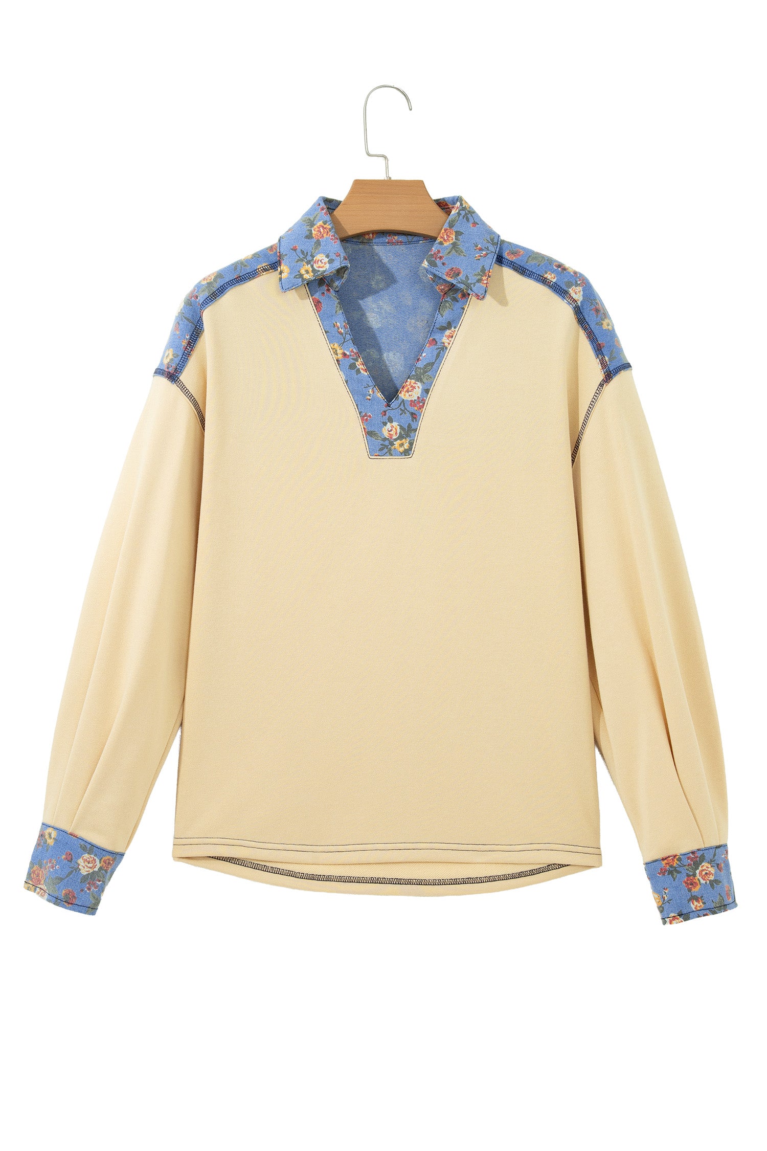 Apricot Floral Denim Patchwork Collar V Neck Long Sleeve Pullover Top