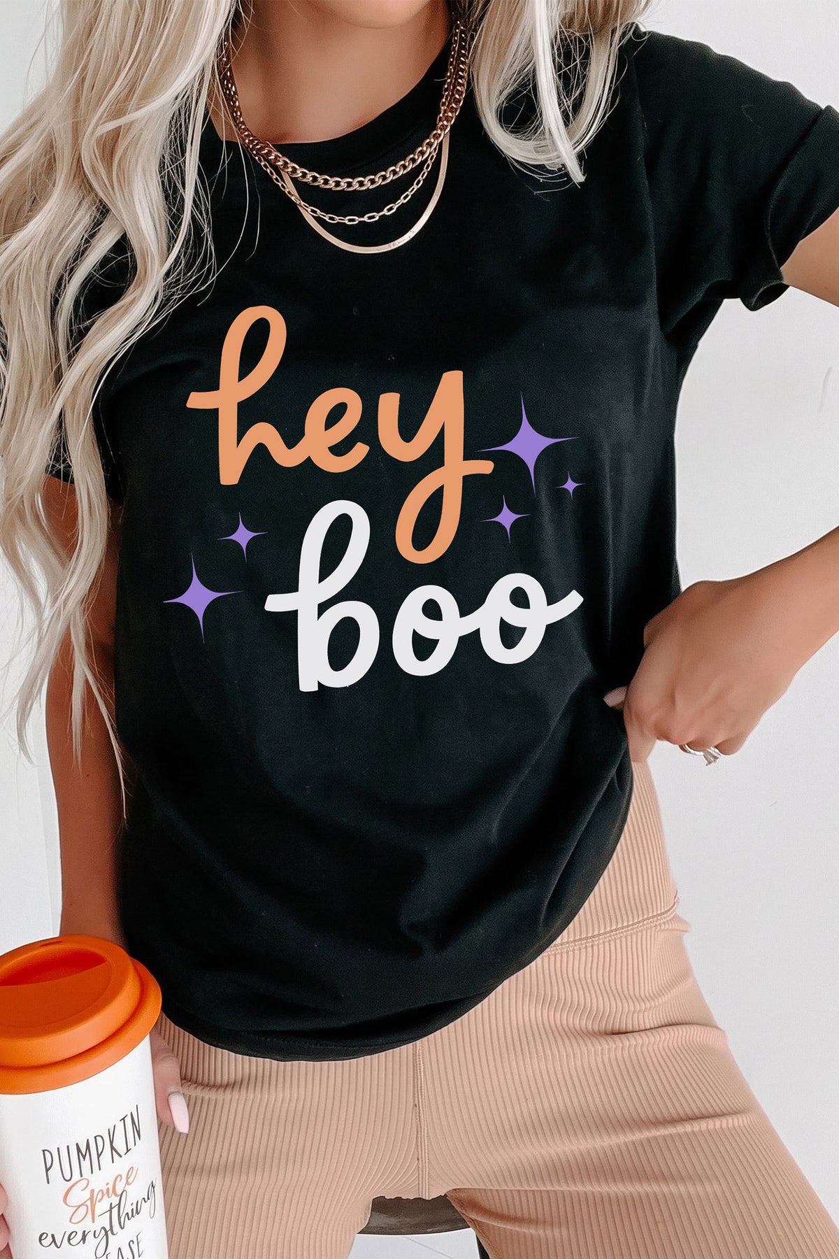 Black Hey Boo Slogan Halloween Round Neck Casual T Shirt