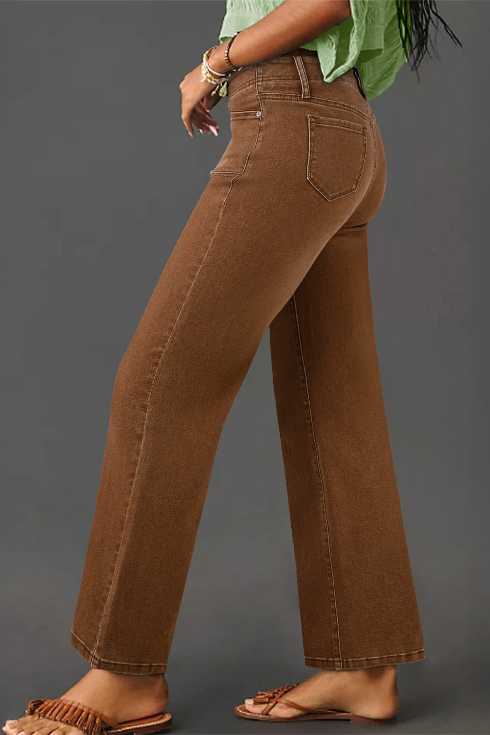 Brown Solid Color Washed Chic Pocket Straight Leg Jeans