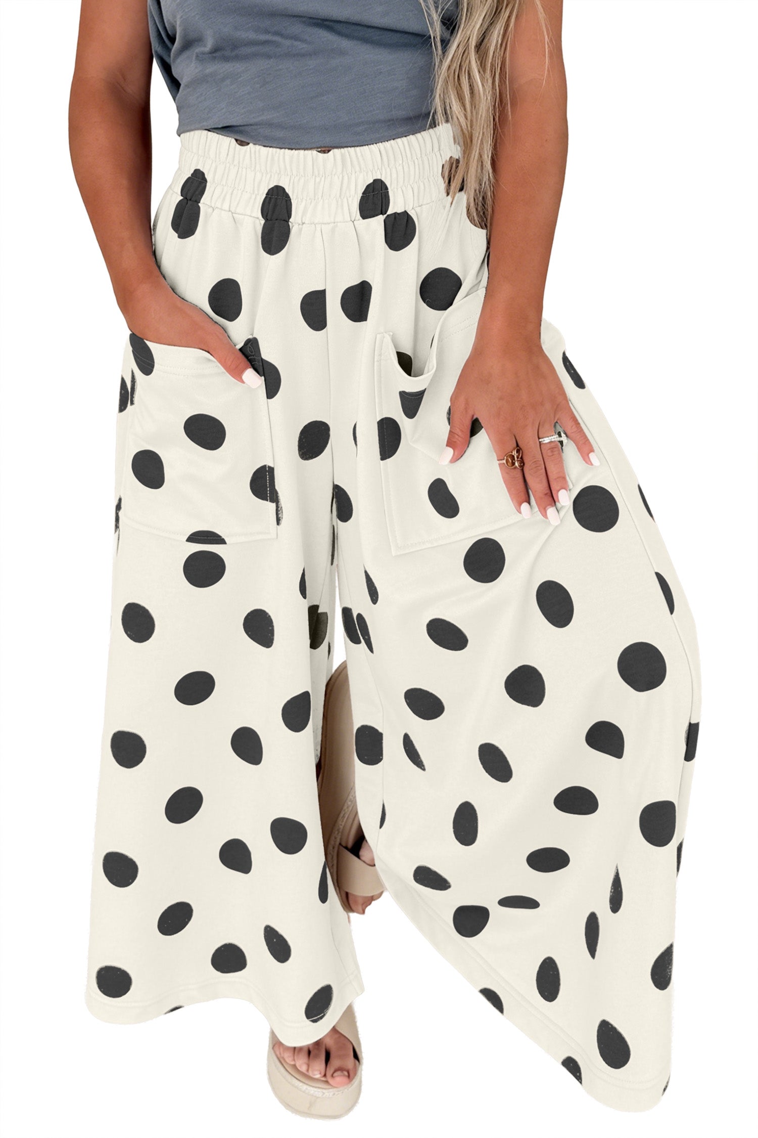 Beige Polka Dot Wide Leg Elastic Waist Casual Pants