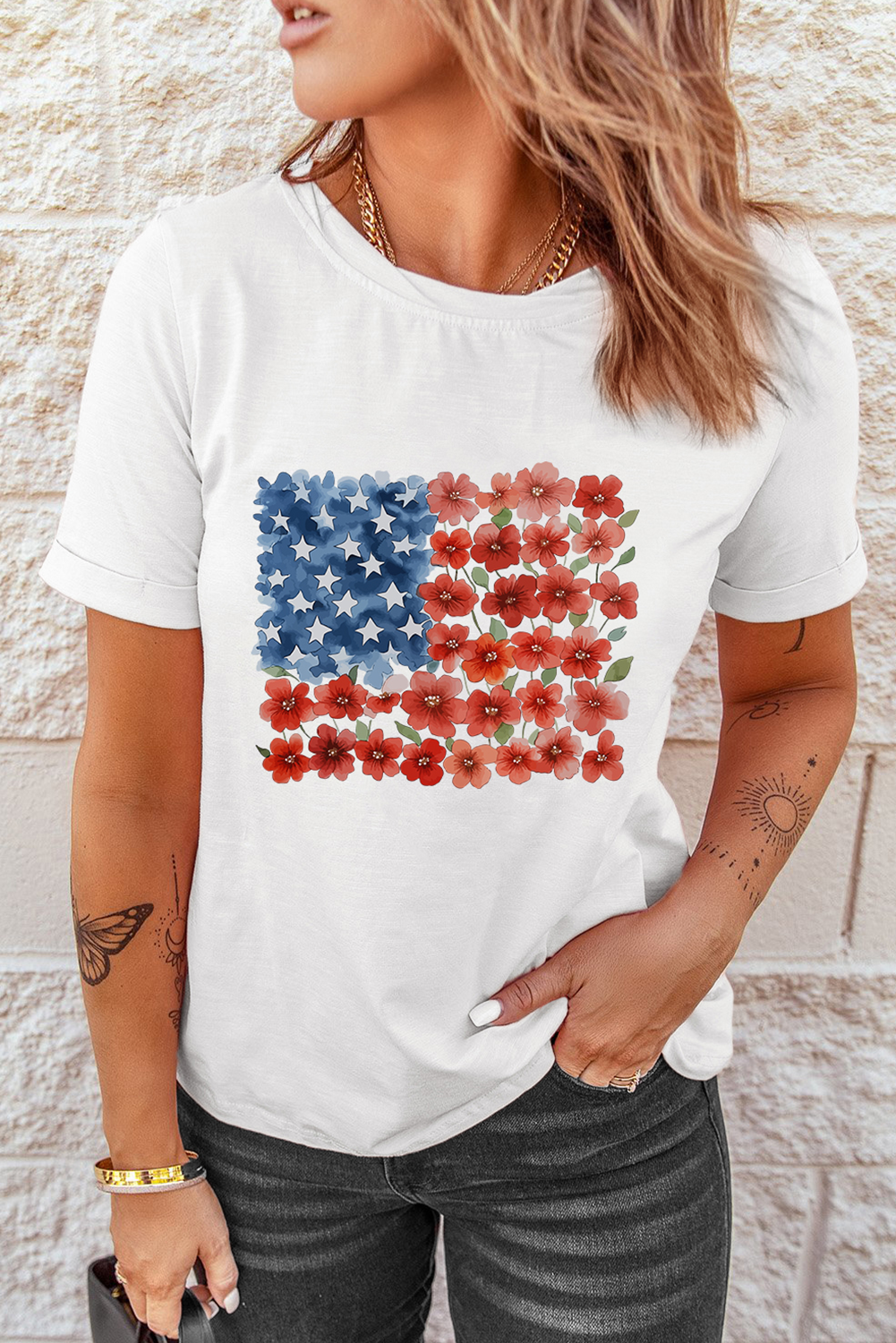 White Star Floral American Flag Printed T Shirt