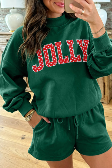 Dark Green Christmas Slogan Print Mock Neck Pullover and Shorts Set