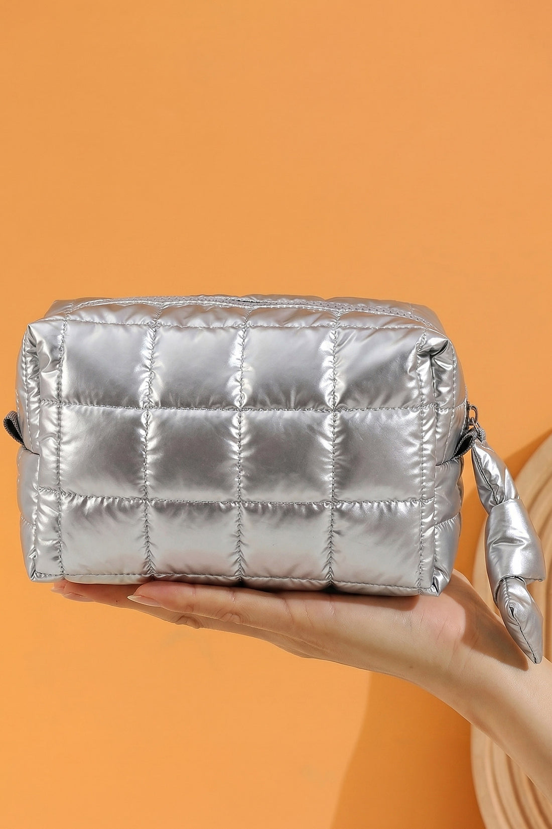 Silvery Solid Color Quilted Nylon Makeup Bag