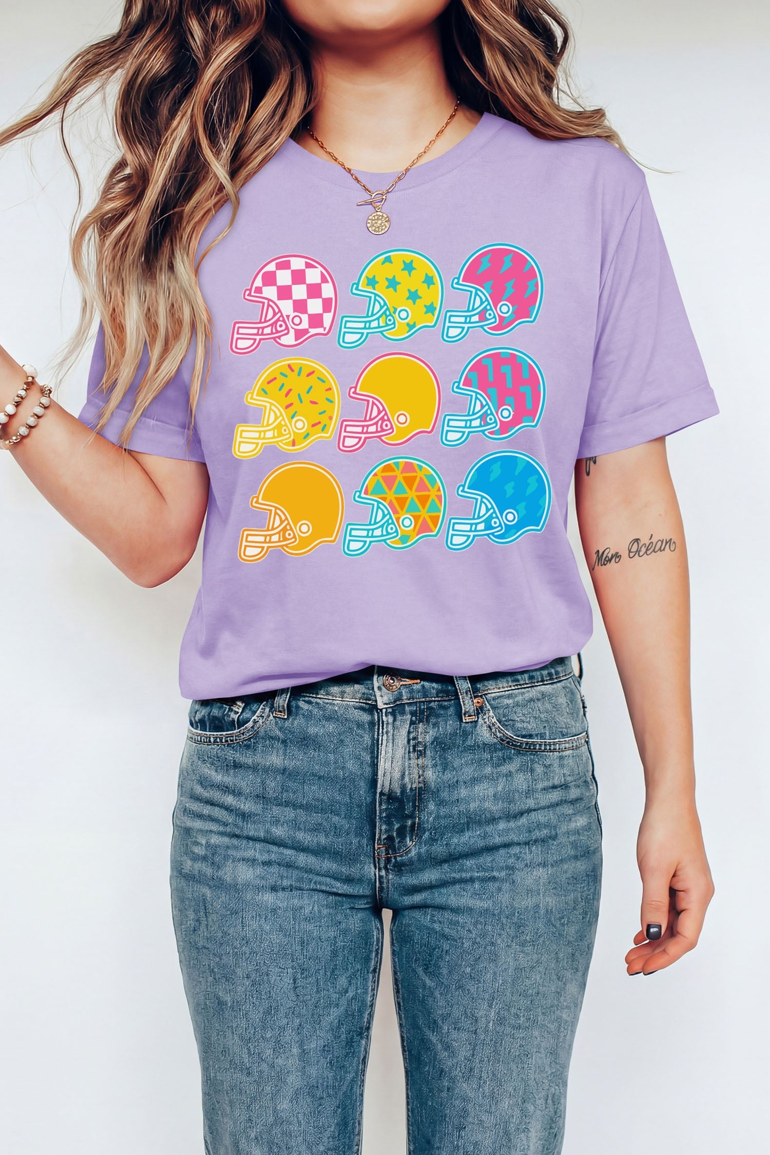 Orchid Petal Game Day Helmet Print Relaxed Crew Neck Tee