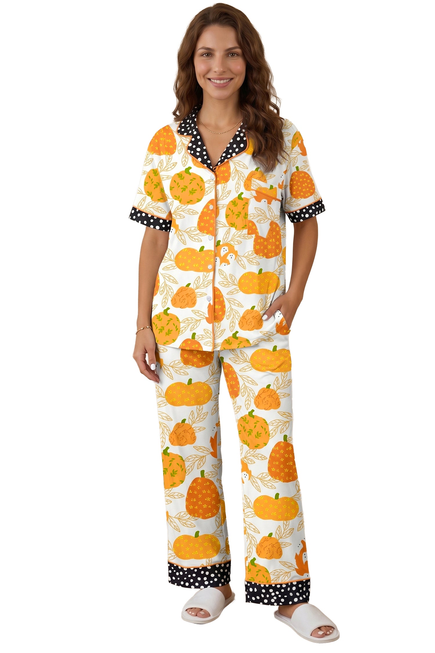 Orange Short Sleeve Pumpkin Print Polka Dot Trim Pocket Pocket Placket Home Wear Lounge Set