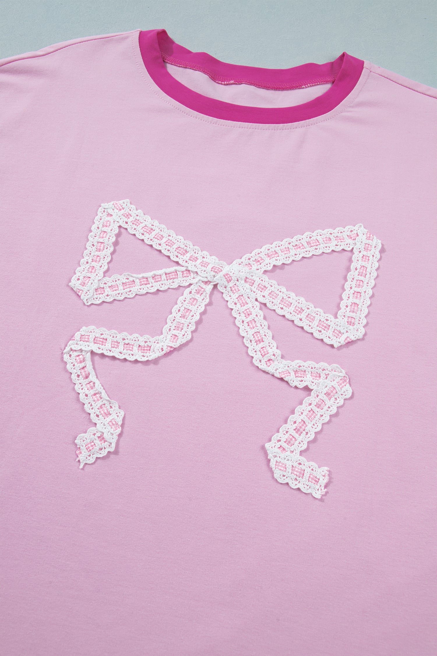 Gossamer Pink Embroidered Bow Detail Color Block Loose Tee