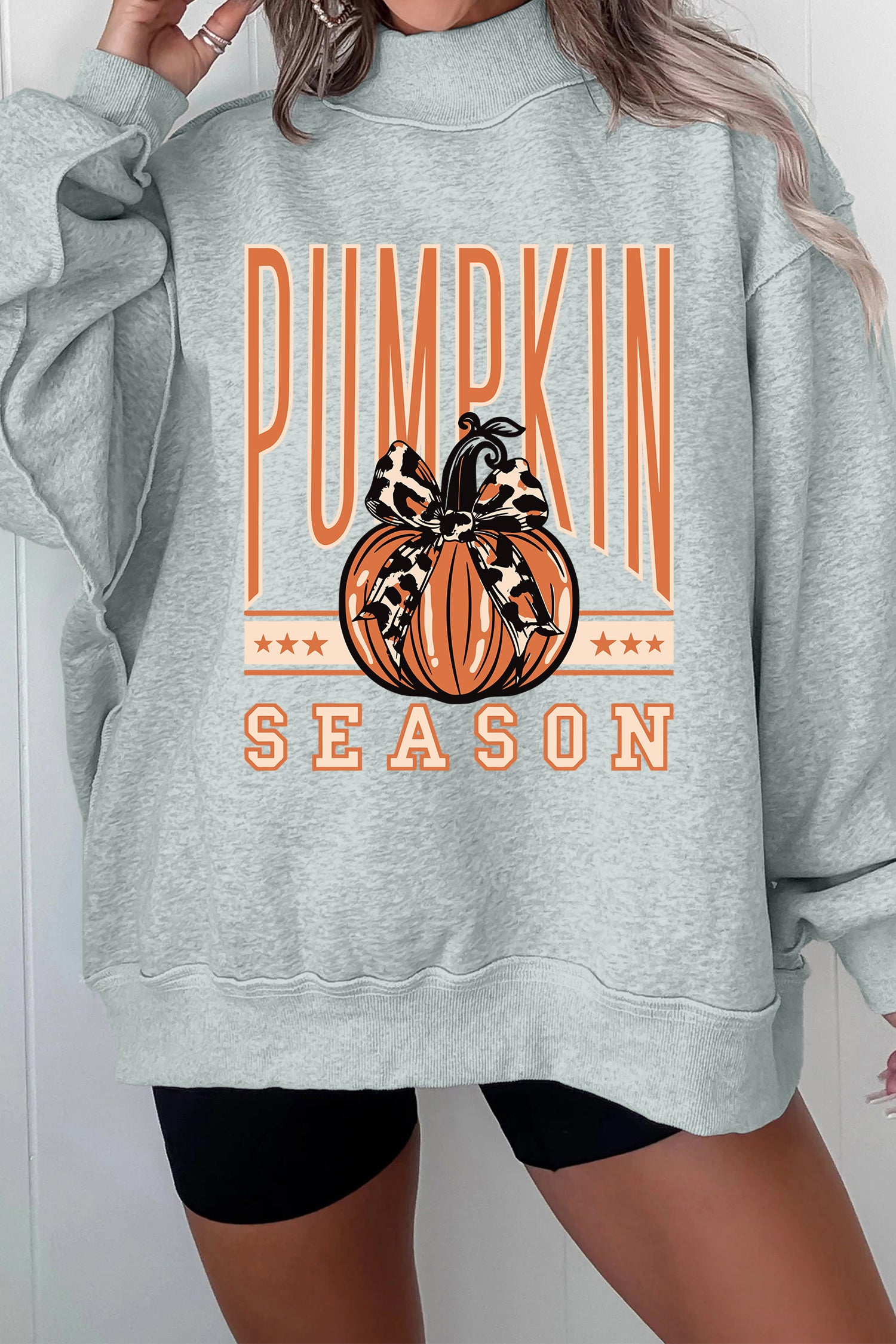 Gray Oversize Pumpkin Season Print Mock Neck Graphic Sweatshirt