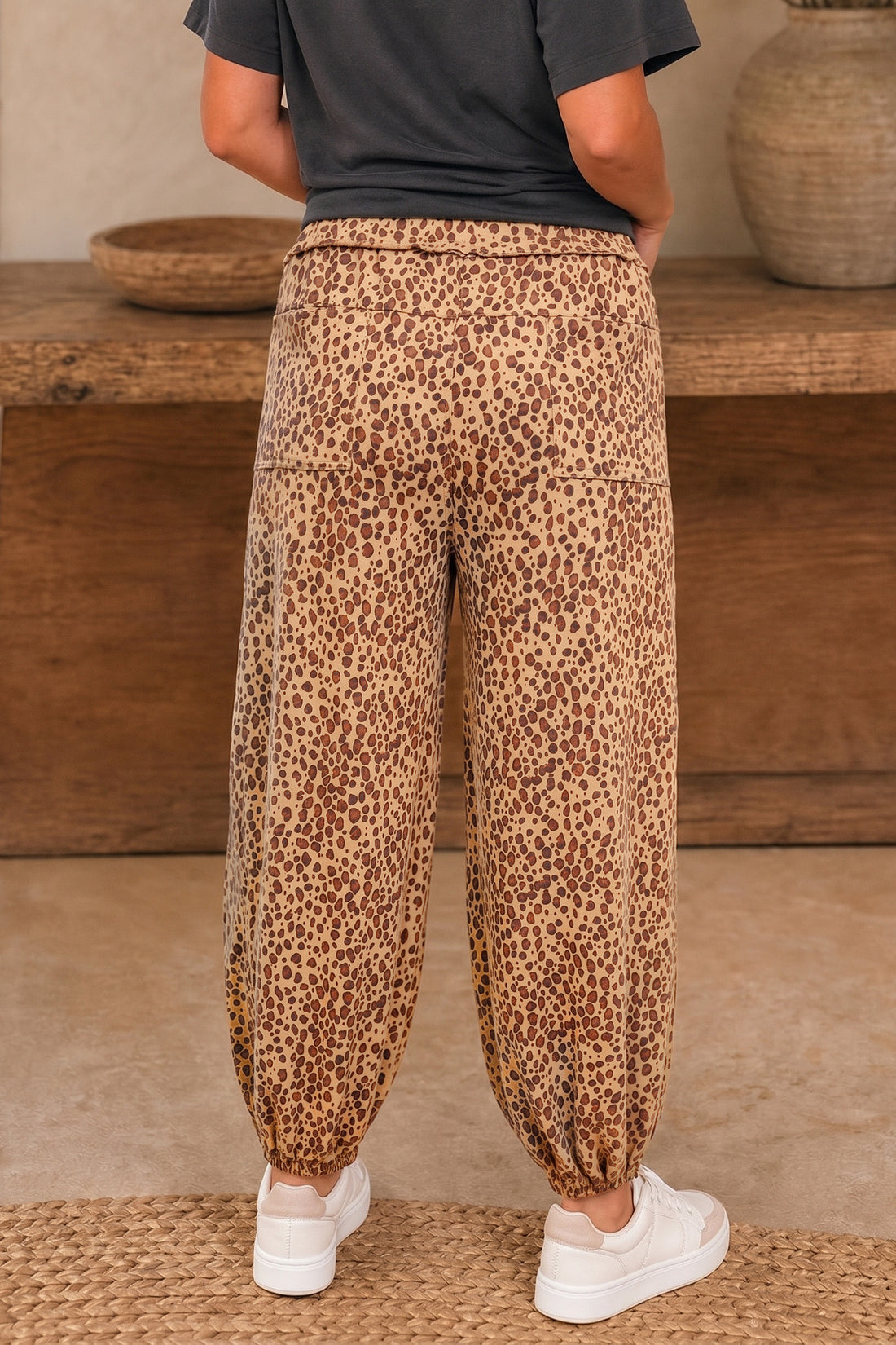 Khaki Leopard Print Drawstring Waist Patch Pockets Pants