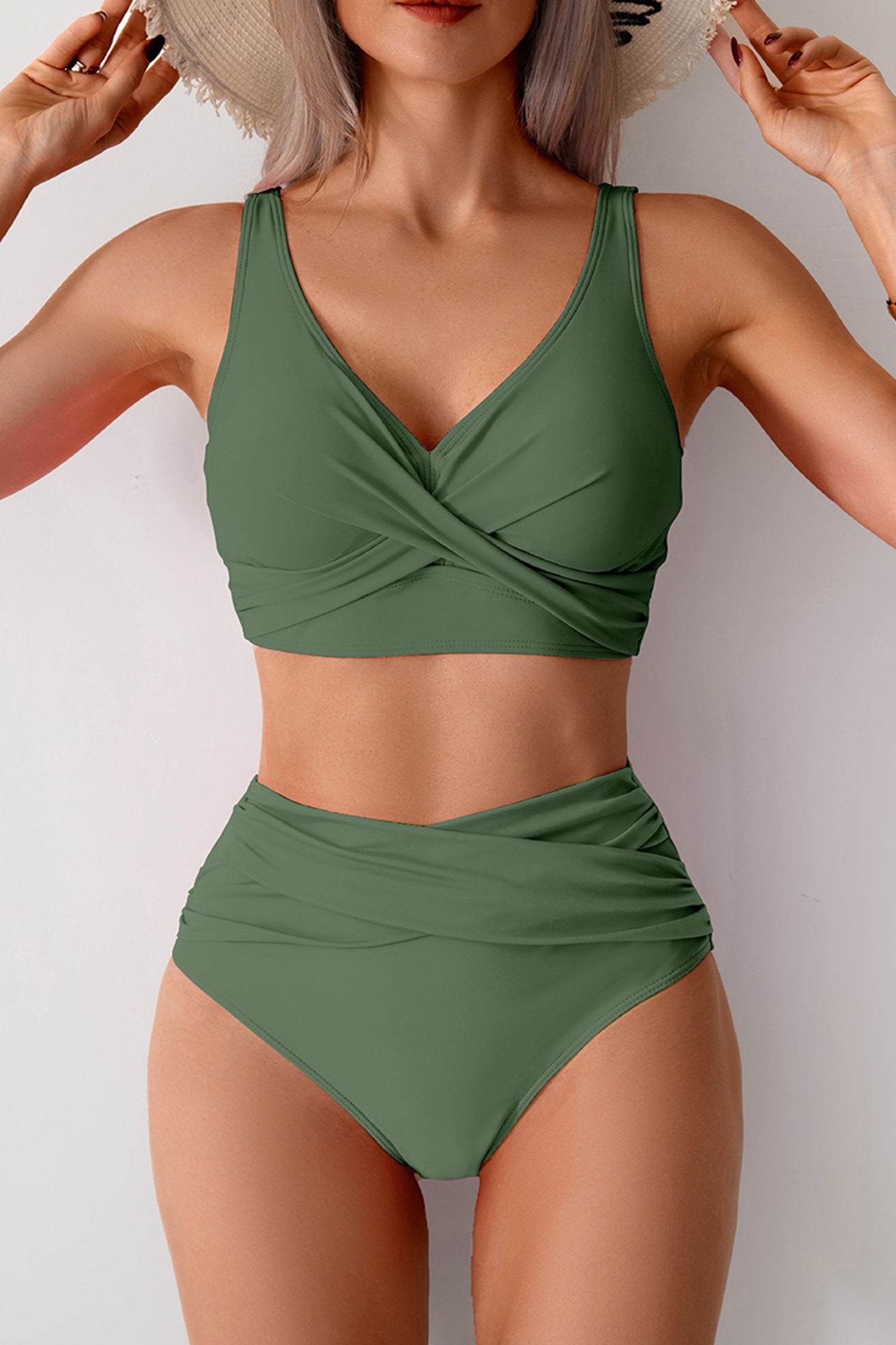 Mist Green Solid Color 2pcs Cross Twisted High Waist Bikini Swimsuit